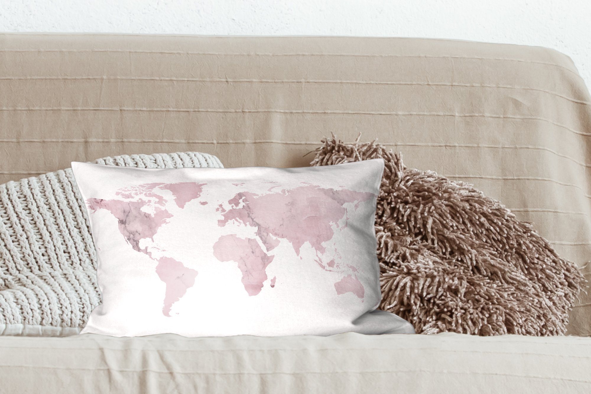 Marmor Schlafzimmer Dekokissen Weltkarte - Dekoration, - Wohzimmer mit Dekokissen Rosa, Zierkissen, Füllung, MuchoWow