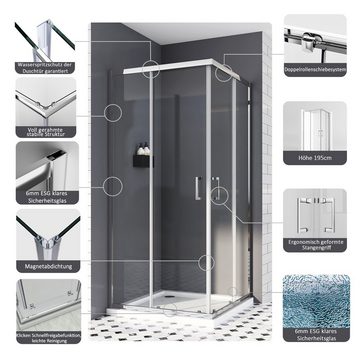 Boromal Eckdusche Duschkabine H:195cm 5mm ESG Eckeinstieg Dusche Schiebetür Glas, BxT: 75x80 cm, Verstellber Aluprofile, Duschabtrennung für Dusche, 90x90, 80x80, 100x100, 75x75, 90x75, 80x100, Schnellfreigabefunktion, Links und recht montierbar