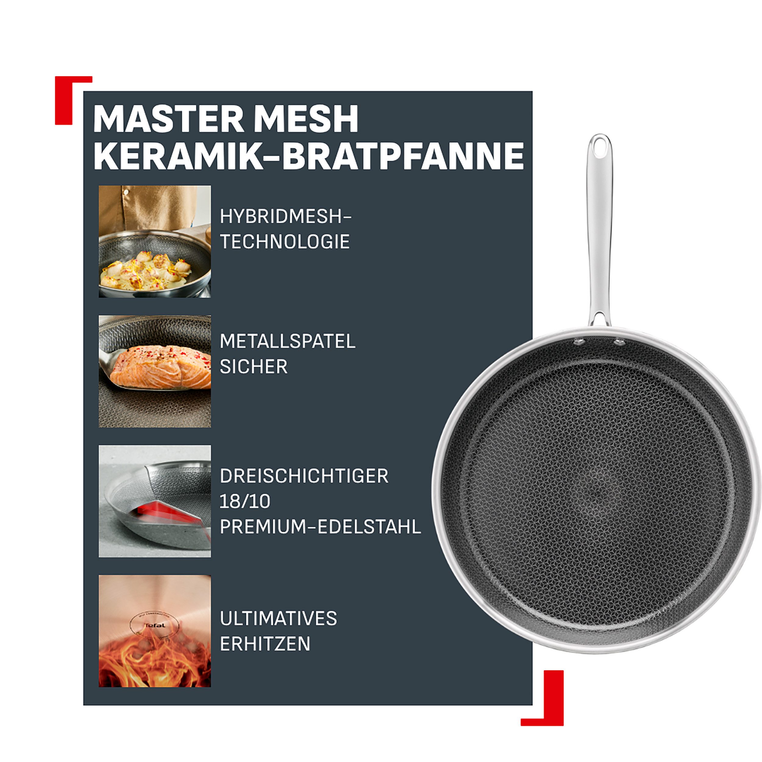 Tefal Bratpfanne Master Mesh, Edelstahl (1-tlg), HybridMesh-Technologie, mineralische Oberfläche, induktionsgeeignet