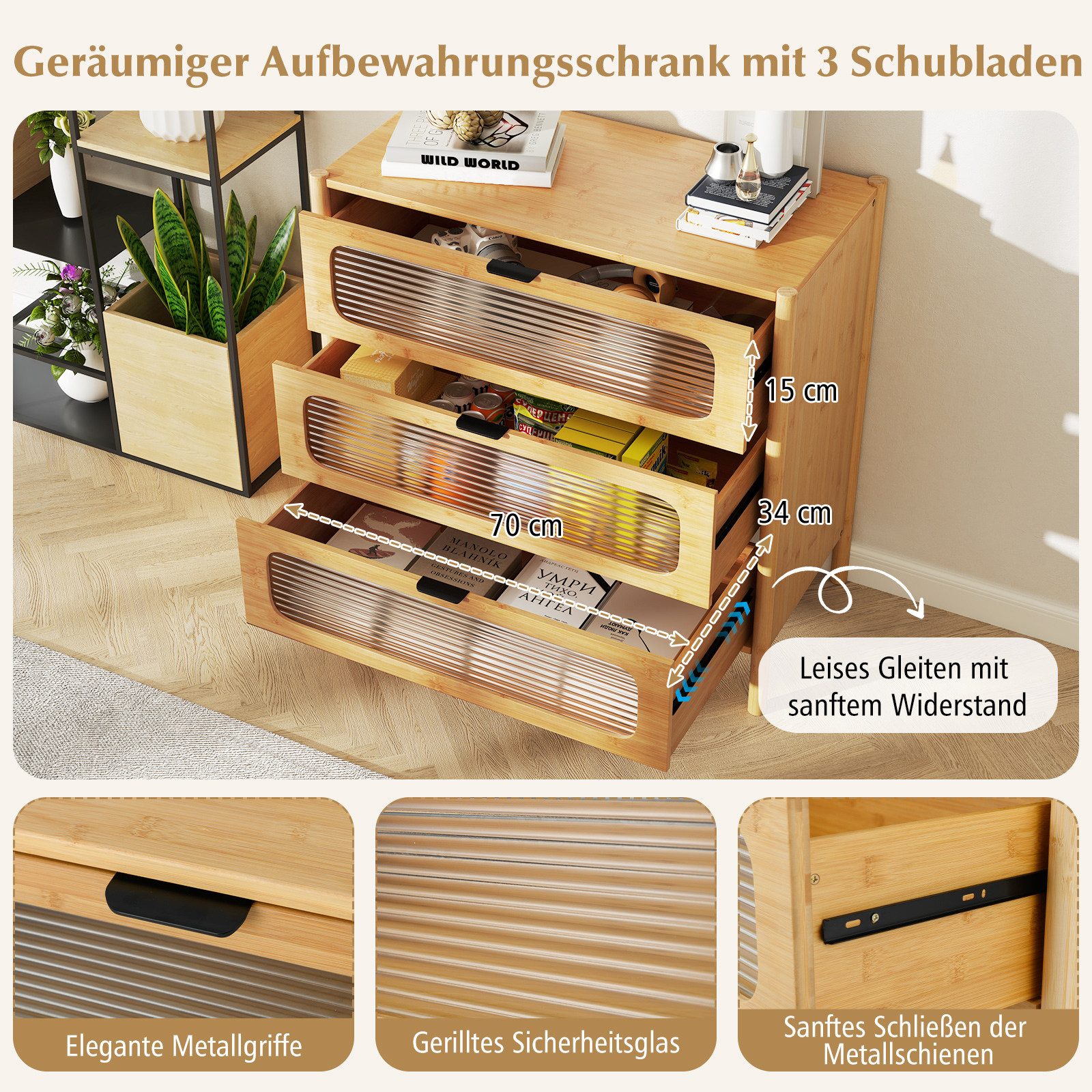 COSTWAY Kommode, 3 Schubladen, Sideboard aus Bambus & Glas, 80x40x78,5cm