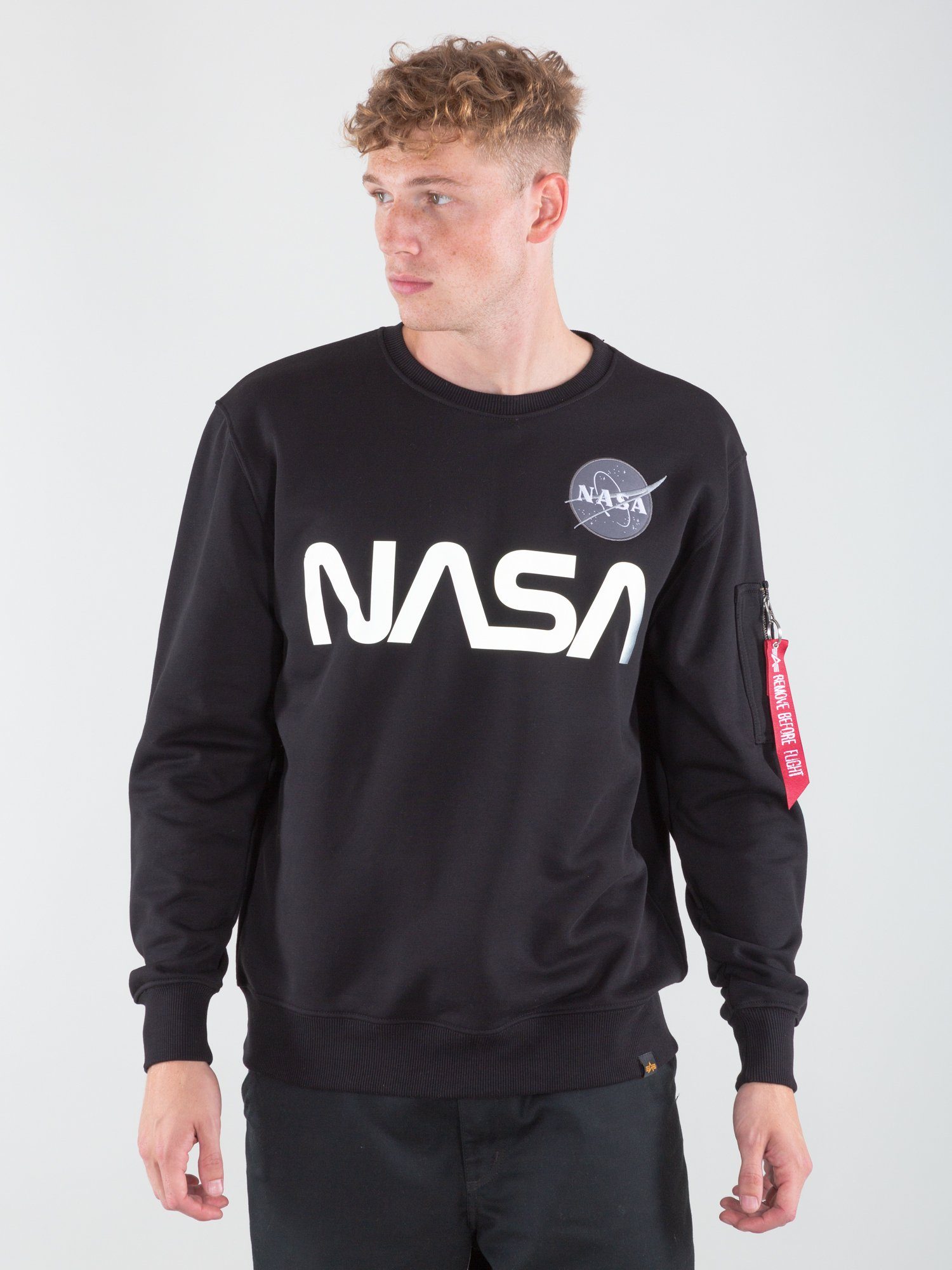 Alpha Sweatshirts Alpha Men Sweater Gläzender Reflective NASA Industries Sweater, Print - als Discharge Schriftzug Industries NASA