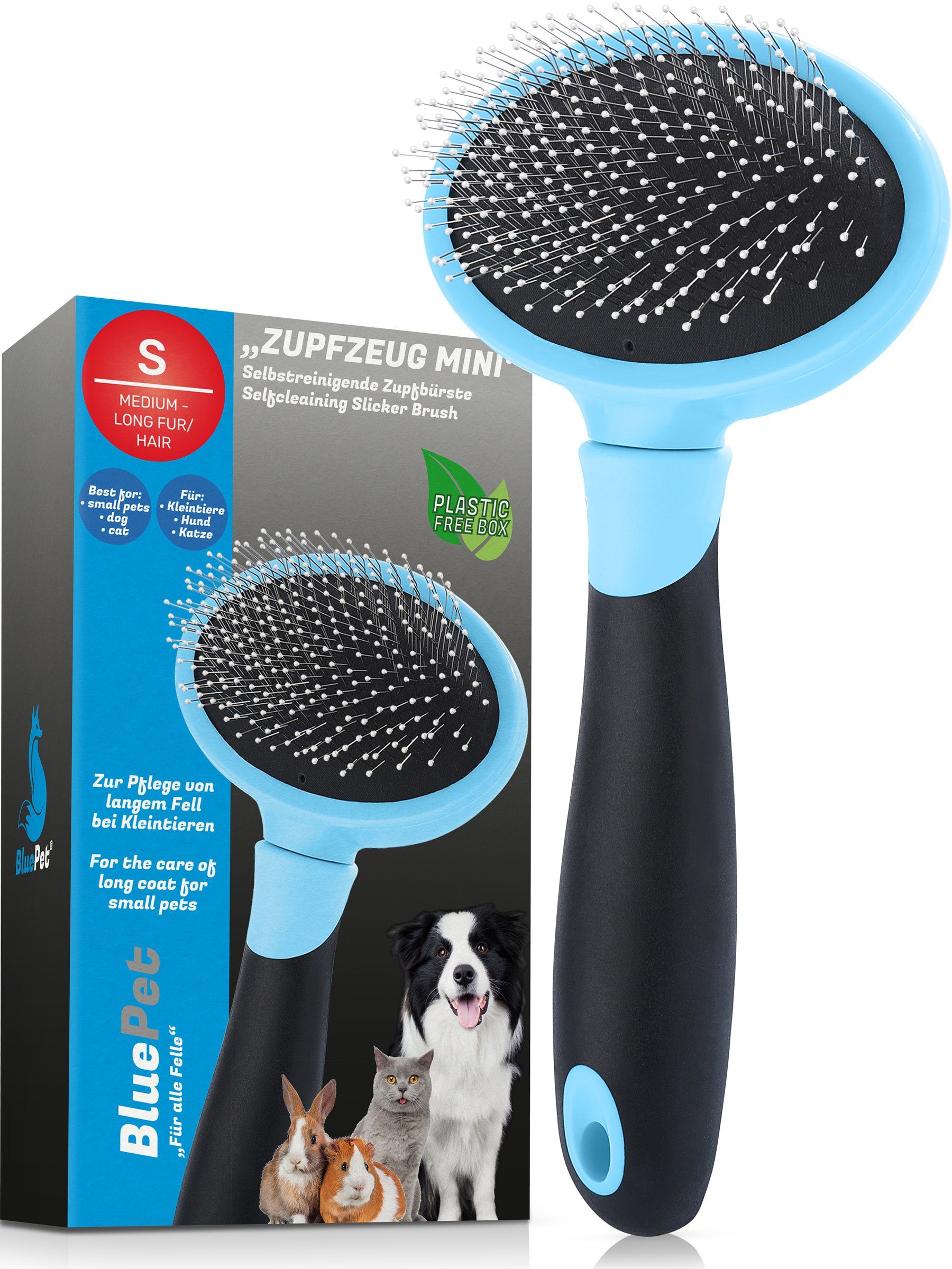 BluePet Zupfbürste "ZupfZeug Mini" Kleintierbürste, Edelstahl,  Kunststoffnoppen, sanfte Fellpflege für kleine Hunde, Katzen, Kaninchen