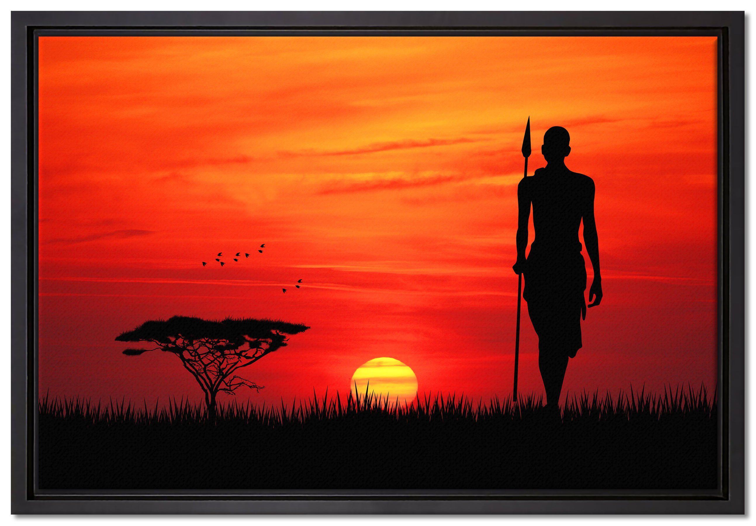 Pixxprint Leinwandbild Roter Sonnenuntergang in Afrika, Wanddekoration (1 St), Leinwandbild fertig bespannt, in einem Schattenfugen-Bilderrahmen gefasst, inkl. Zackenaufhänger
