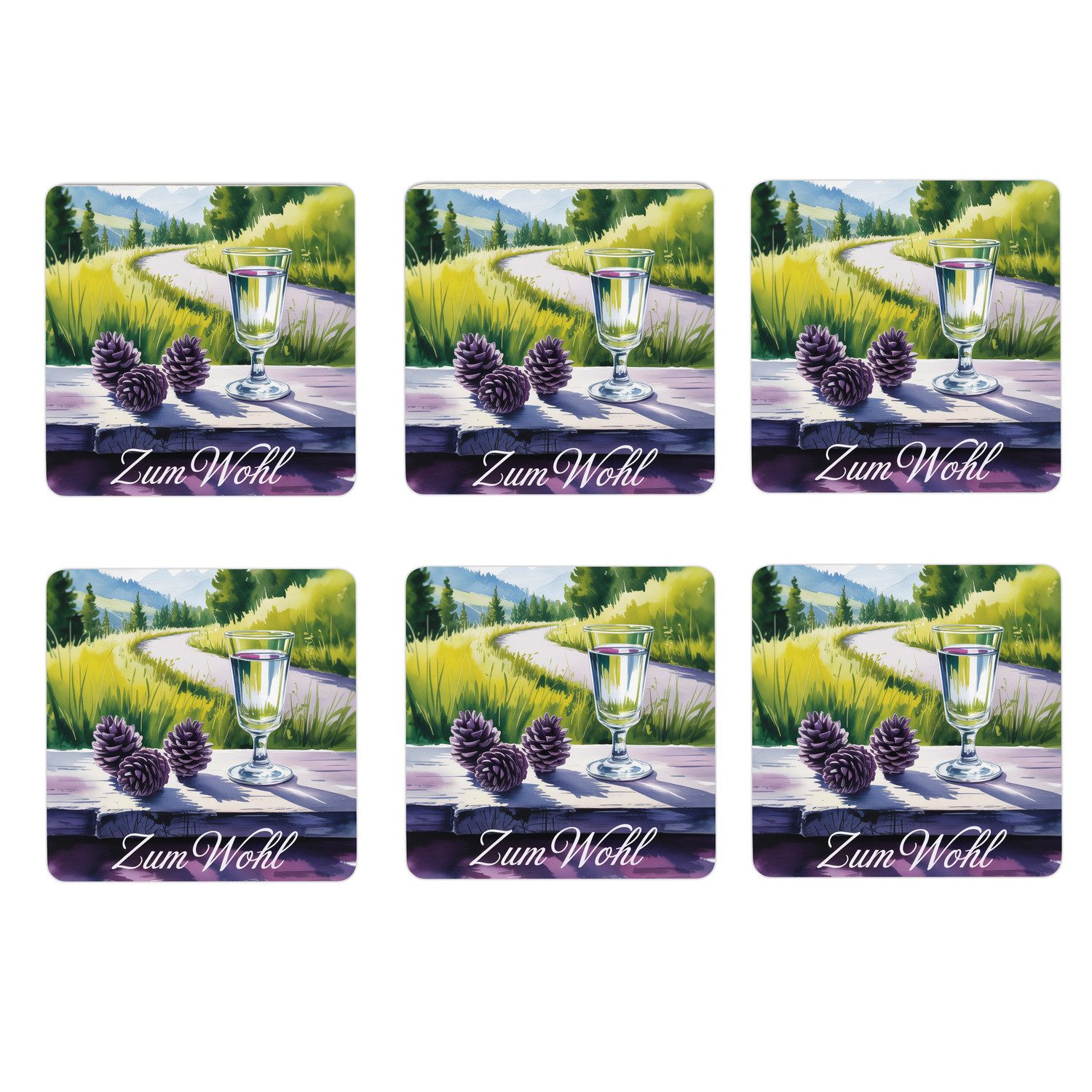 speecheese Glasuntersetzer Zirbenschnaps Zum Wohl 6er Set Untersetzer aus Holz