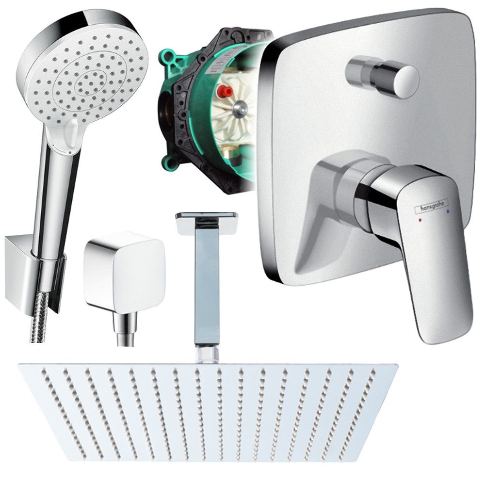 Hansgrohe und Jowi Duscharmatur Logis, Unterputz Duschsystem mit Kopfbrause, Deckenanschluss (Unterputz-Duschsystem, Set) Kopfbrause und Deckenanschluss aus Edelstahl
