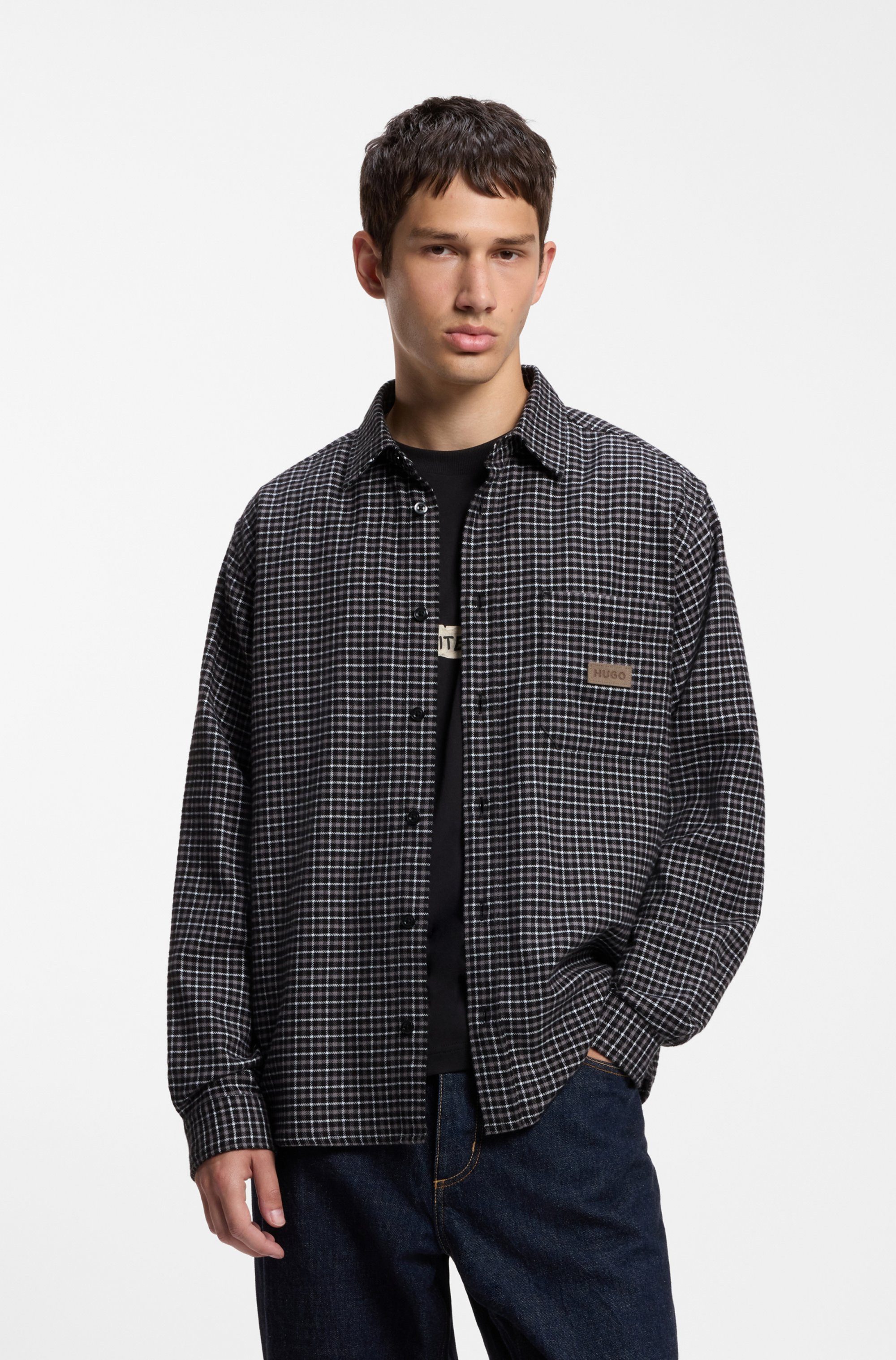 HUGO Flanellhemd Ebalto Oversize-Passform, reine Baumwolle, Logo-Badge