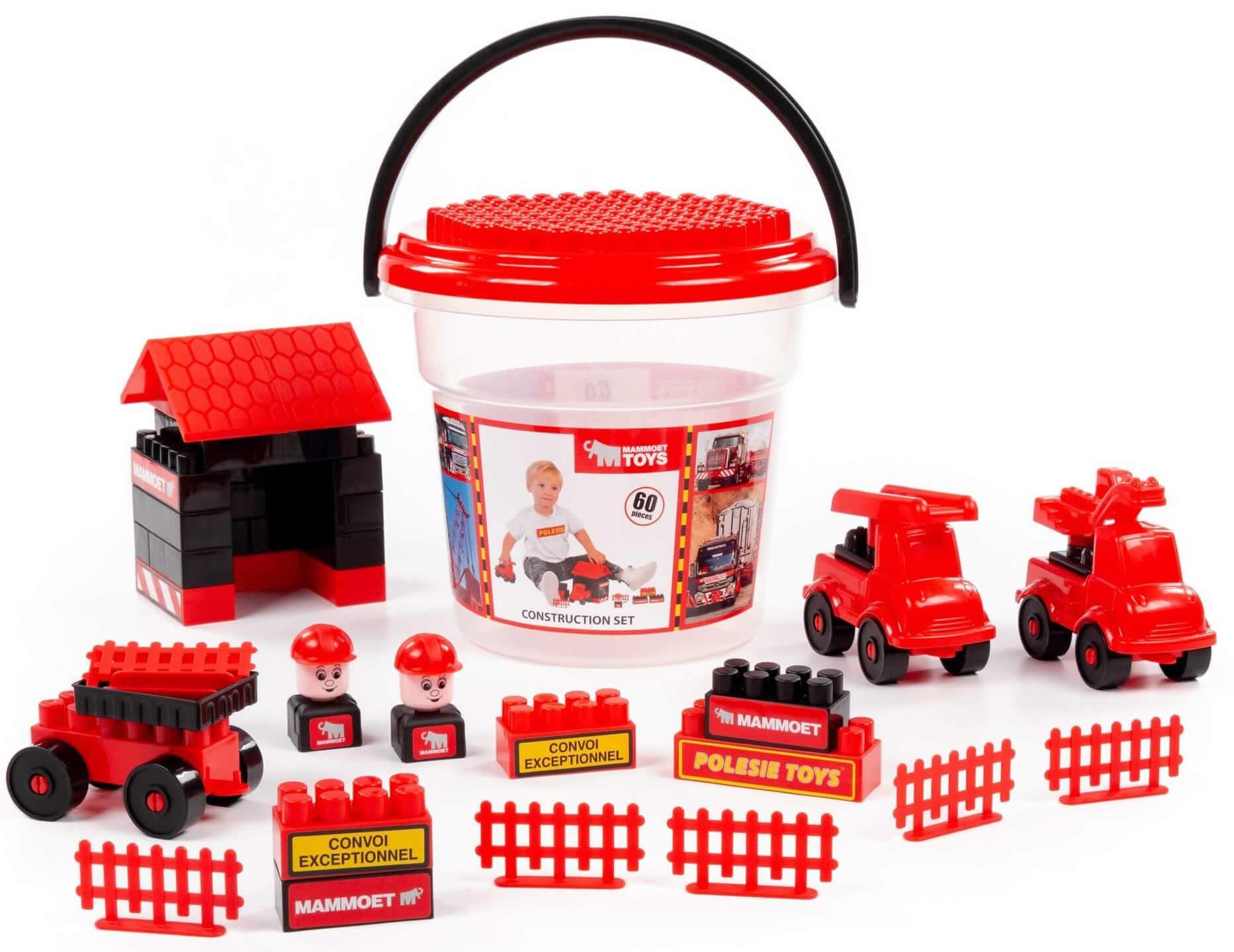 Polesie MAMMOET Bausteine 60-tlg. mit Zubehör Kinder Steckbausteine im Eimer Spielbausteine, (60 St)