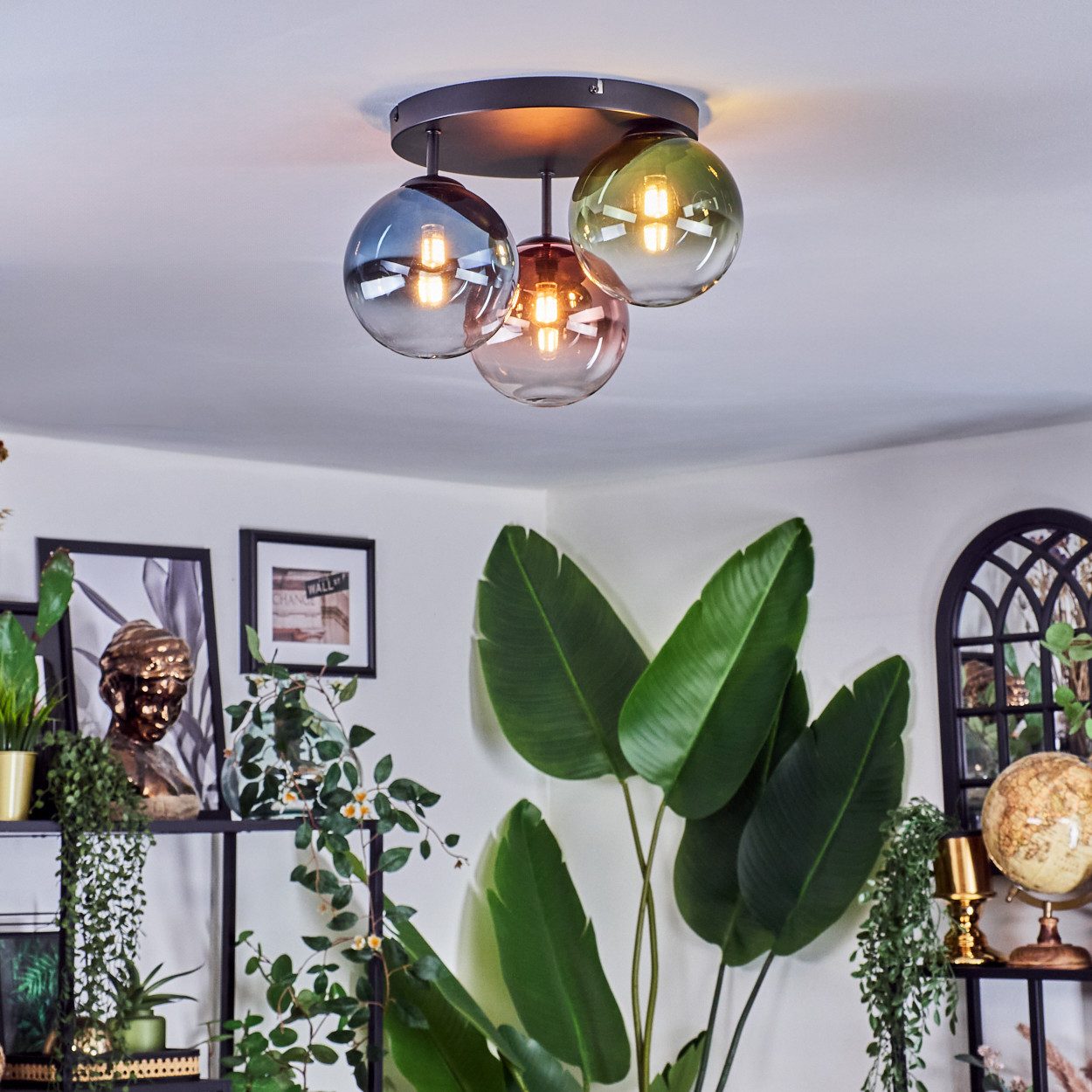 hofstein Deckenleuchte Deckenlampe aus Metall/Glas in Schwarz/Blau/Grün/Kupfer/Klar, ohne Leuchtmittel, Deckenleuchte im Retro/Vintage-Design (Schirme Ø 15 cm), 3 x G9