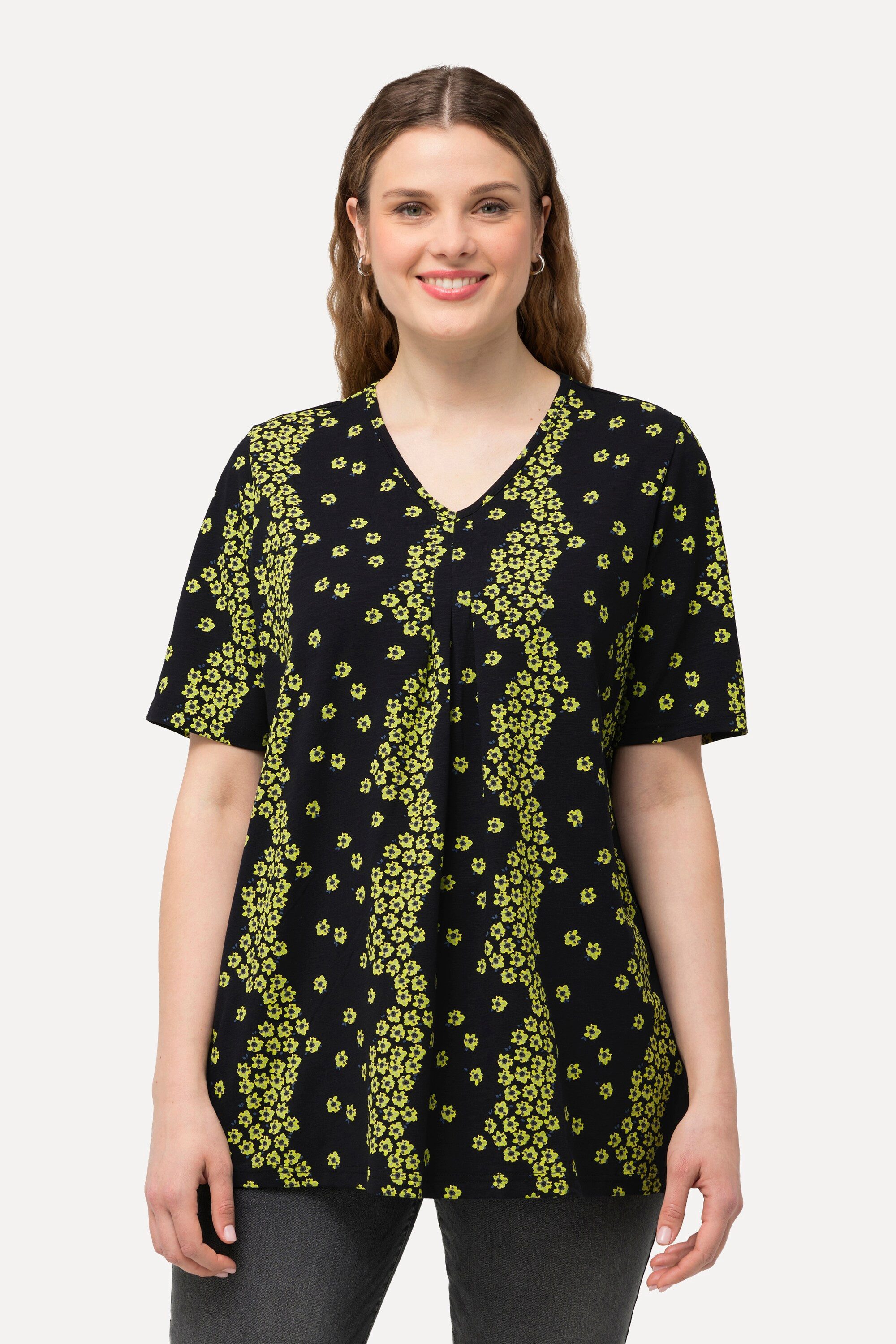 Ulla Popken Longsleeve T-Shirt Blüten Zierfalten V-Ausschnitt Halbarm