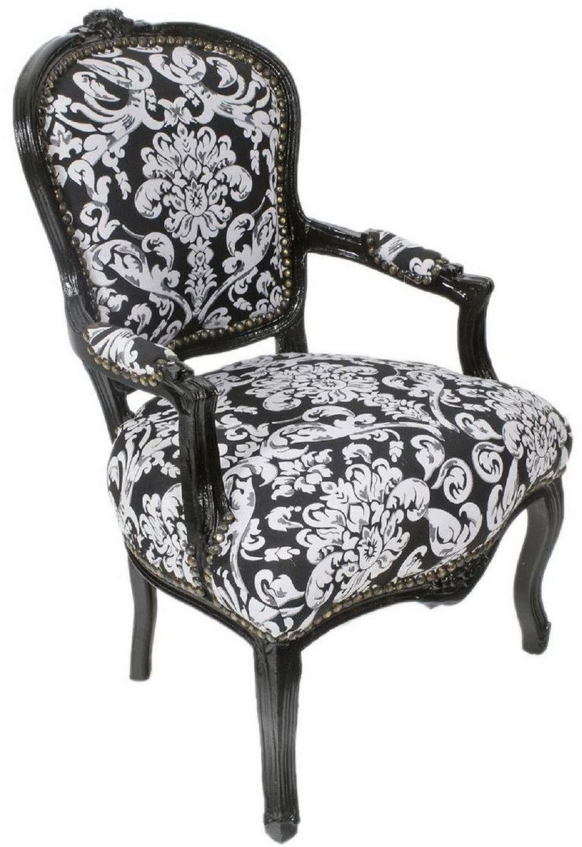 Casa Padrino Besucherstuhl Handgefertigter Muster Möbel Barockstil 60 cm Armlehnen Stuhl H. - elegantem - x im Schwarz Barock mit Stil Stuhl Antik 60 95 Weiß x Salon und 