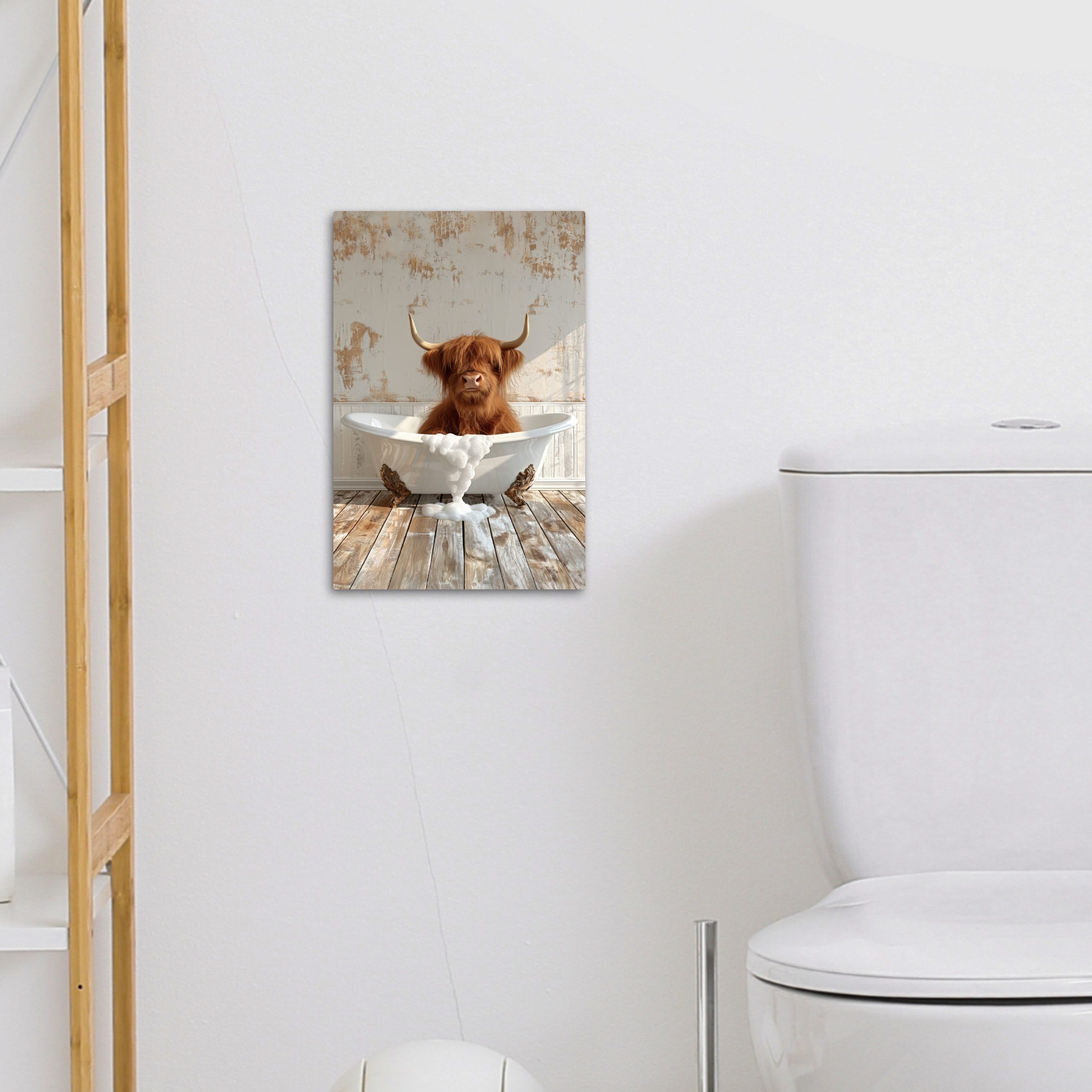 OneMillionCanvasses® Leinwandbild Schottischer Highlander - Badewanne - Vintage - Kuh, Fotodruck (1 St), Badezimmer Deko, Bilder WC, Toilette Wanddeko 20x30 cm