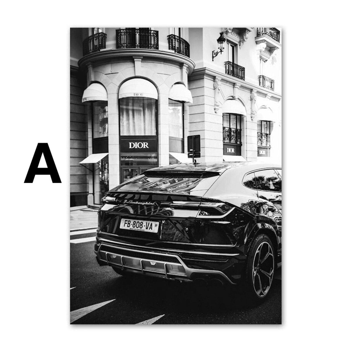 JUSTGOODMOOD Poster Schwarz Weiß Luxus Geschäfte und Fahrzeuge als Deko Print ohne Rahmen, G (1 St)
