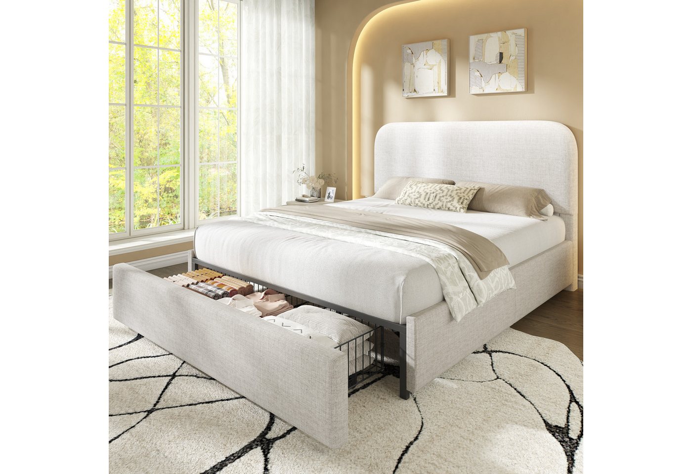AMERLIFE Polsterbett 140x200 &160x200 cm mit Stauraum und Kopfteil, Beige (1-tlg), mit 1 große Schublade, 140x200 cm