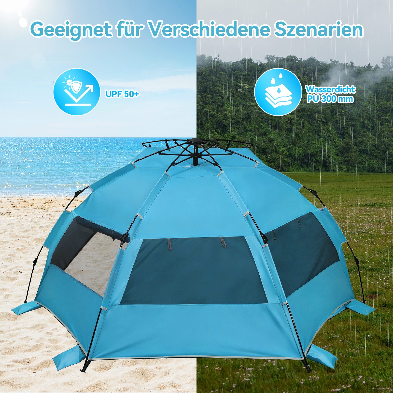 Puluomis Strandmuschel Strandzelt Pop-up-Zelt UV-Schutz 50+, mit/ohne Sonnensegel