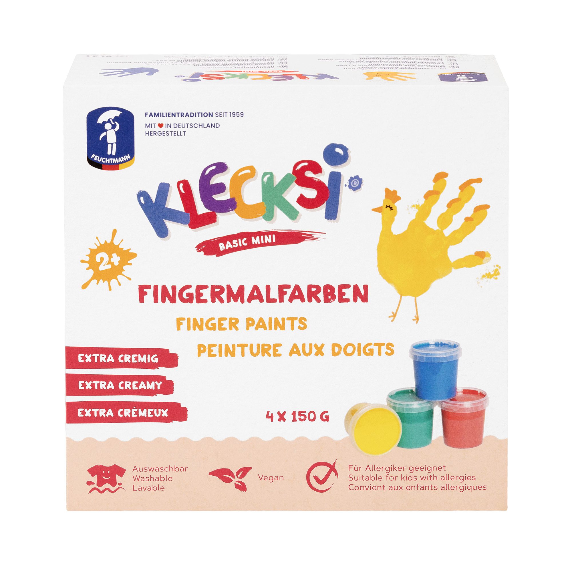 Feuchtmann Fingerfarbe KLECKSi Basic Mini, 4 x 150g hautfreundliche Fingermalfarbe für Kinder