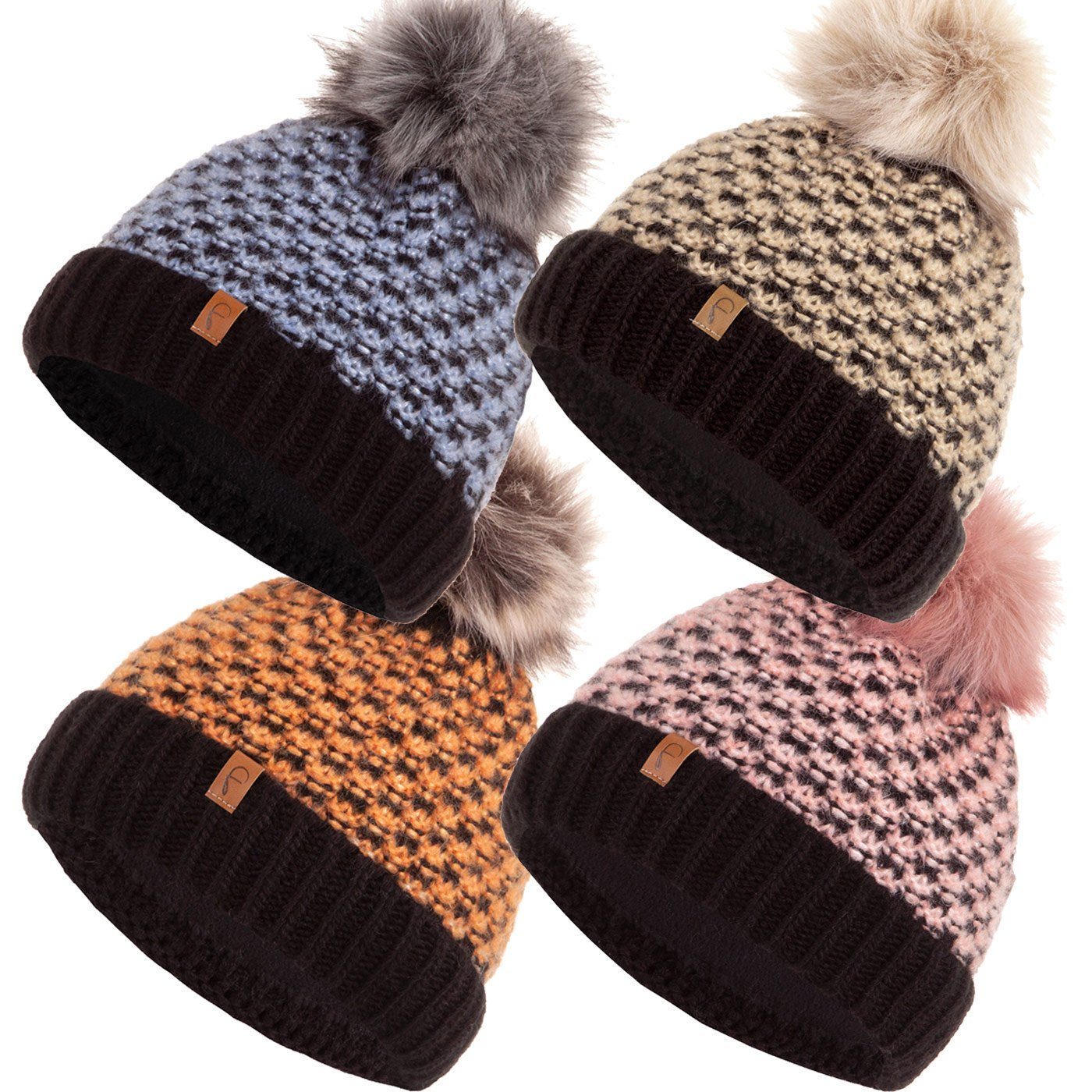 Faera Bommelmütze Damen Mütze gefüttert Haube Beanie Strickmütze Herren Bommelmütze creme Wintermütze