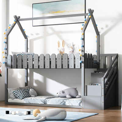 yozhiqu Etagenbett Etagenbett im skandinavischen Stil mit Rausfallschutz, Mit 3 Stufen und 2 Schubladen für Kinder und Jugendliche