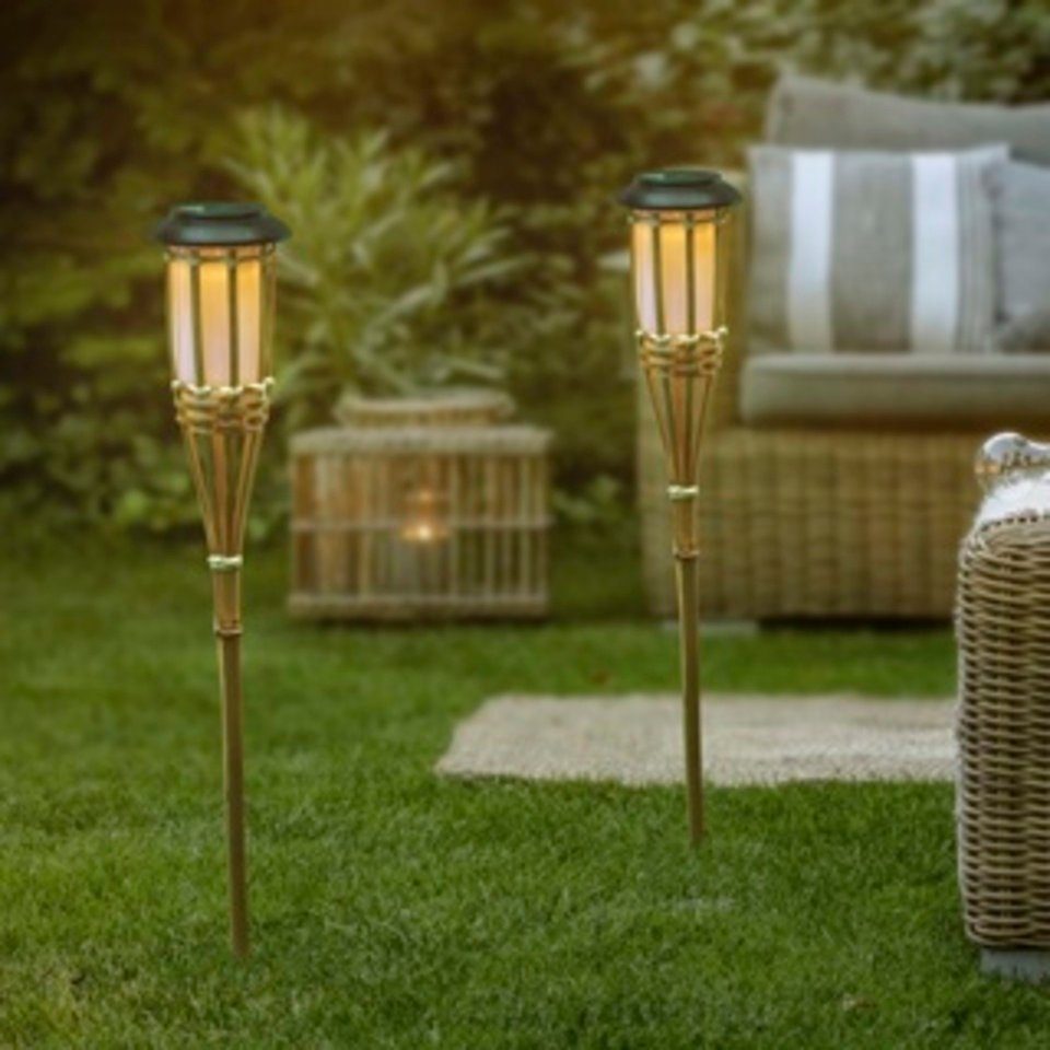 Gartenfackel LED Solar Gartenfackel 2er Set aus Bambus