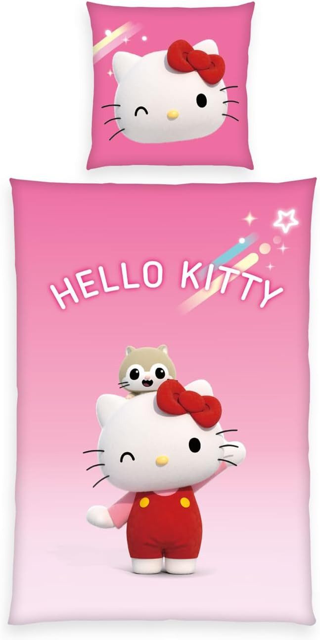 Herding Bettwäsche Hello Kitty - Wende-Bettwäsche-Set, 135x200 & 80x80, Baumwolle, 100% Baumwolle