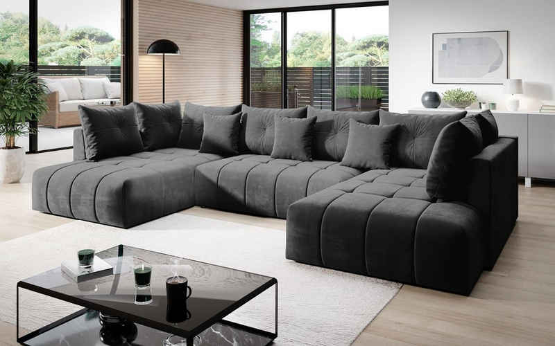 Furnix Wohnlandschaft CALVANI XXL Polstercouch Schlafsofa in U-Form Bettkasten und Kissen, großzügige Abmessungen, hochwertige Materialien