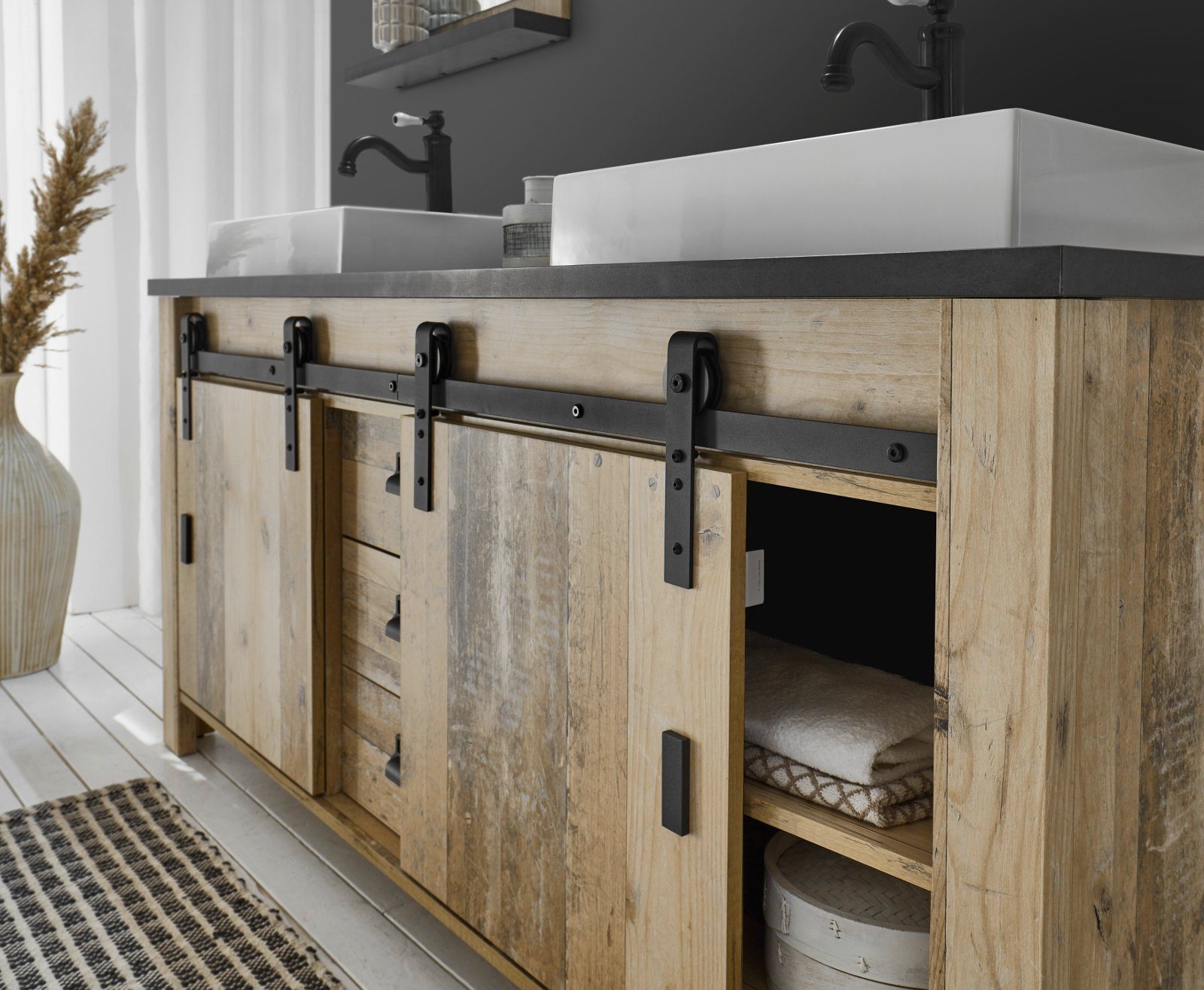 Furn.Design Doppelwaschtisch Stove (Waschtischunterschrank mit 2x Waschbecken, Breite 164 cm), mit Schiebetüren und Soft-Close
