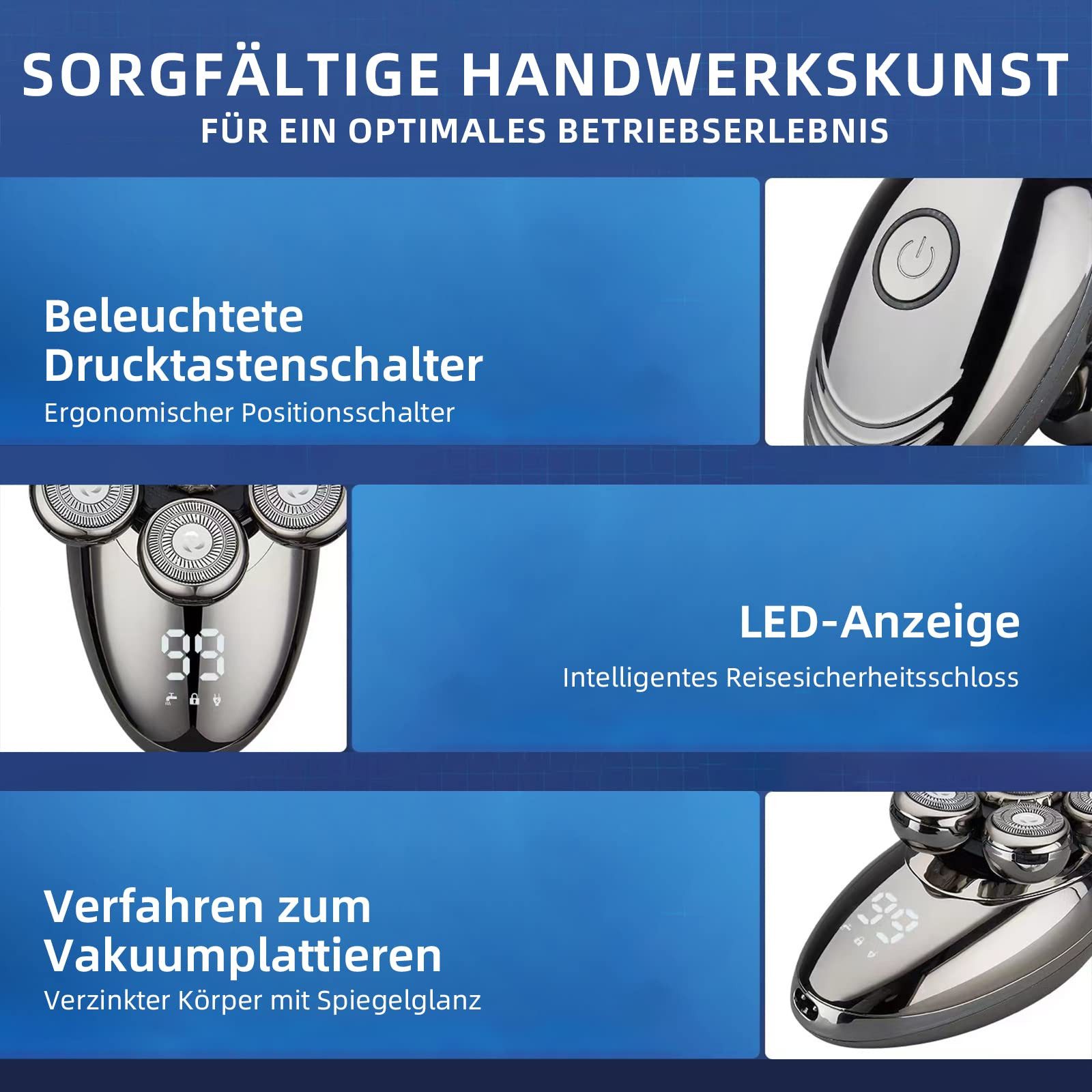 MOPUEA Elektrorasierer 5-in-1 für Herren, Glatzenrasierer mit 7 rotierenden Köpfen, Aufsätze: 5, Haarschneider, wasserdicht, kabellos mit USB wiederaufladbar – Bild 4 von 5