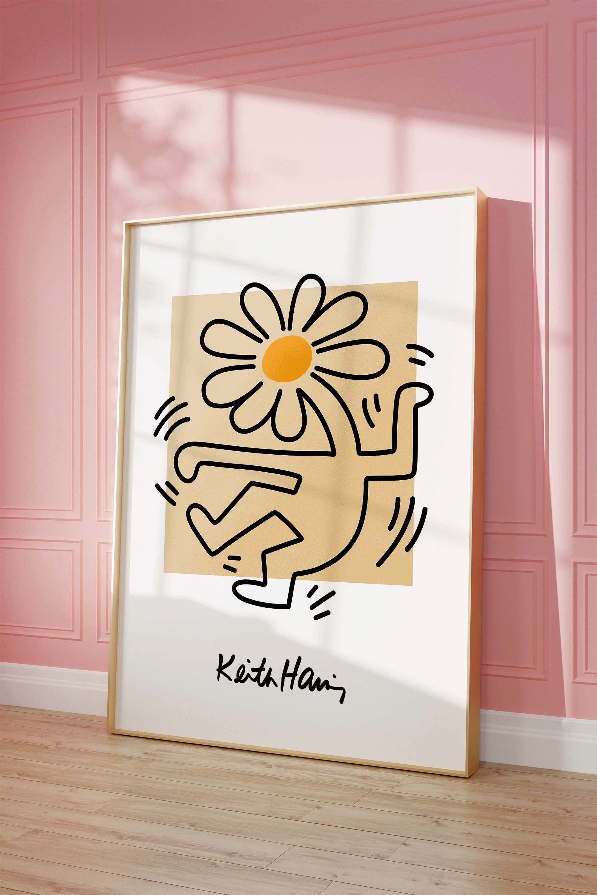 JUSTGOODMOOD Poster Dancing Figure Keith Haring Style Minimal Line Art mit Blume Modernes, (1 St)