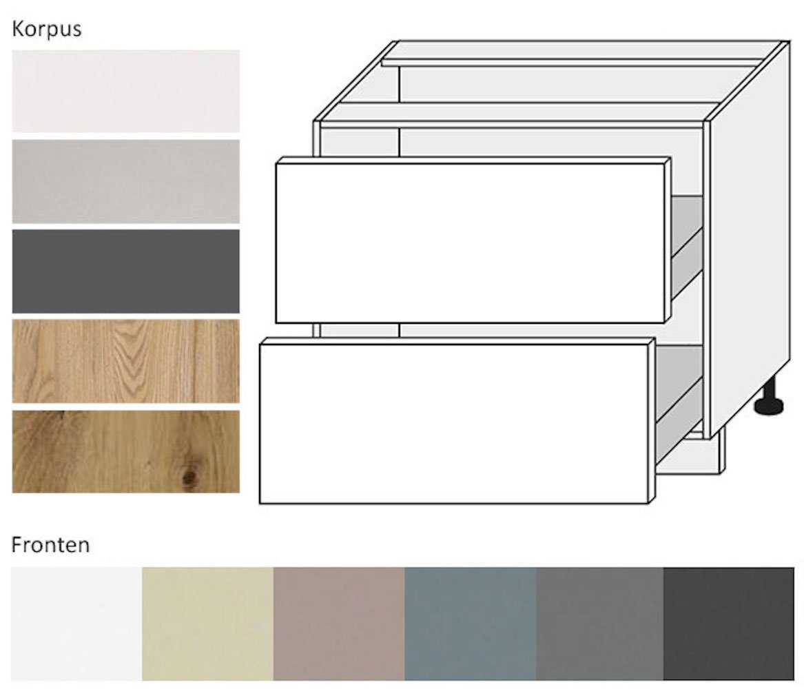 2 Unterschrank Feldmann-Wohnen beige Kvantum Korpusfarbe mit (Teilauszug) Front- & matt 90cm Schubladen wählbar (Kvantum)