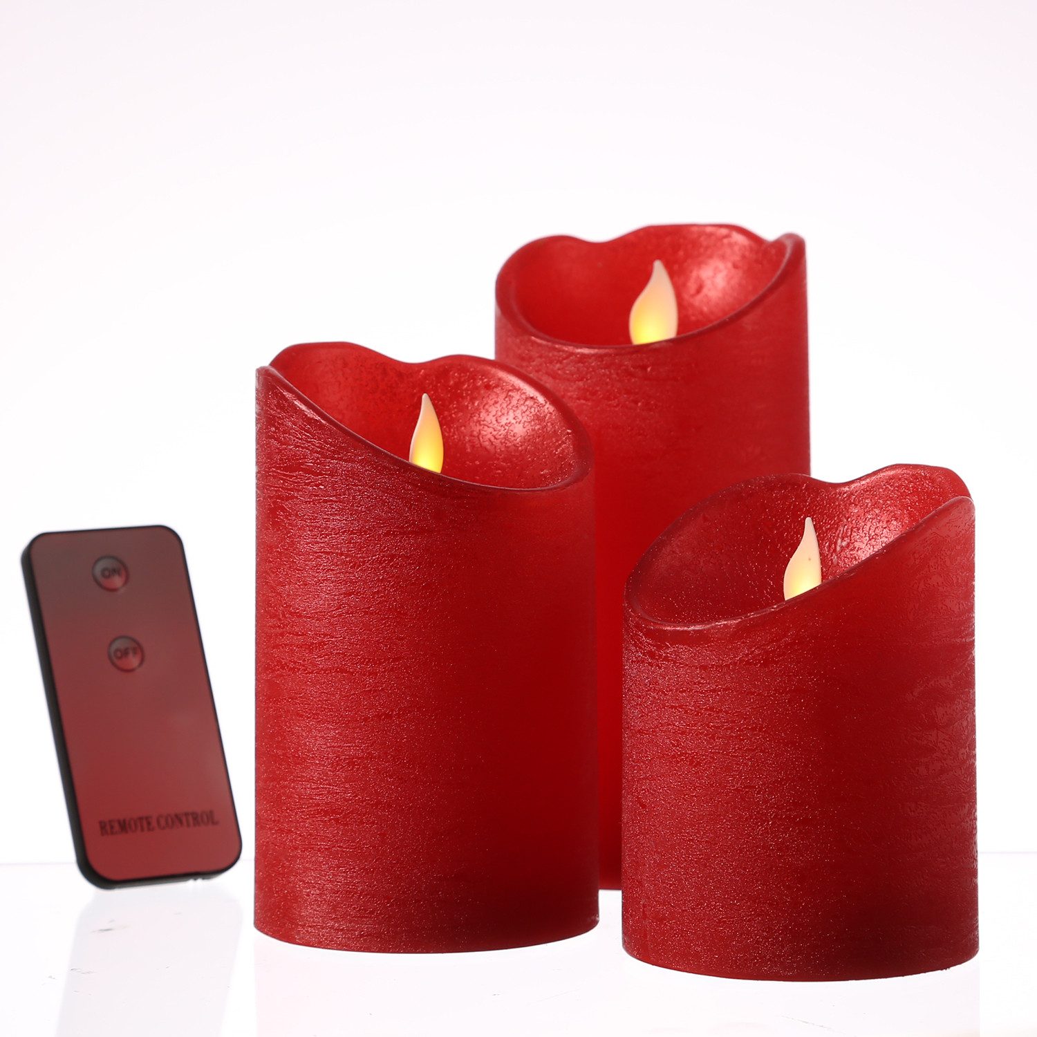 MARELIDA LED-Kerze LED Kerzenset Rustik-Optik mit beweglicher Flamme Fernb. 3er Set rot, LED Classic, warmweiß (2100K bis 3000K)