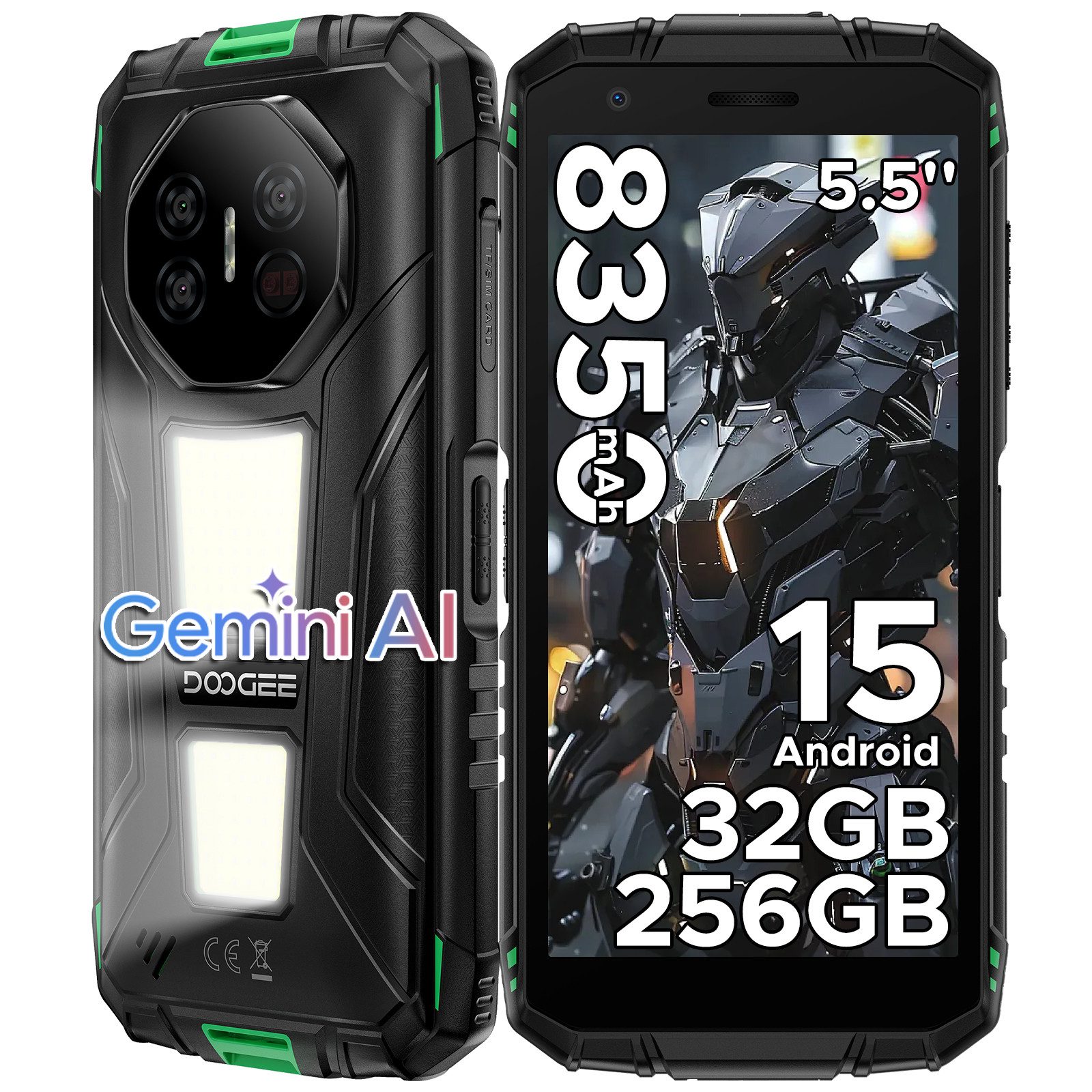 DOOGEE Fire3 Max Outdoor, 48MP+20MP Nachtsicht, 1200LM Lampe Smartphone (14 cm/5.5 Zoll, 256 GB Speicherplatz, 48 MP Kamera, 5,5 Zoll, 48MP+20MP Kamera, 8GB+268GB/2TB-8350mAh, IP68 Wasserdicht)