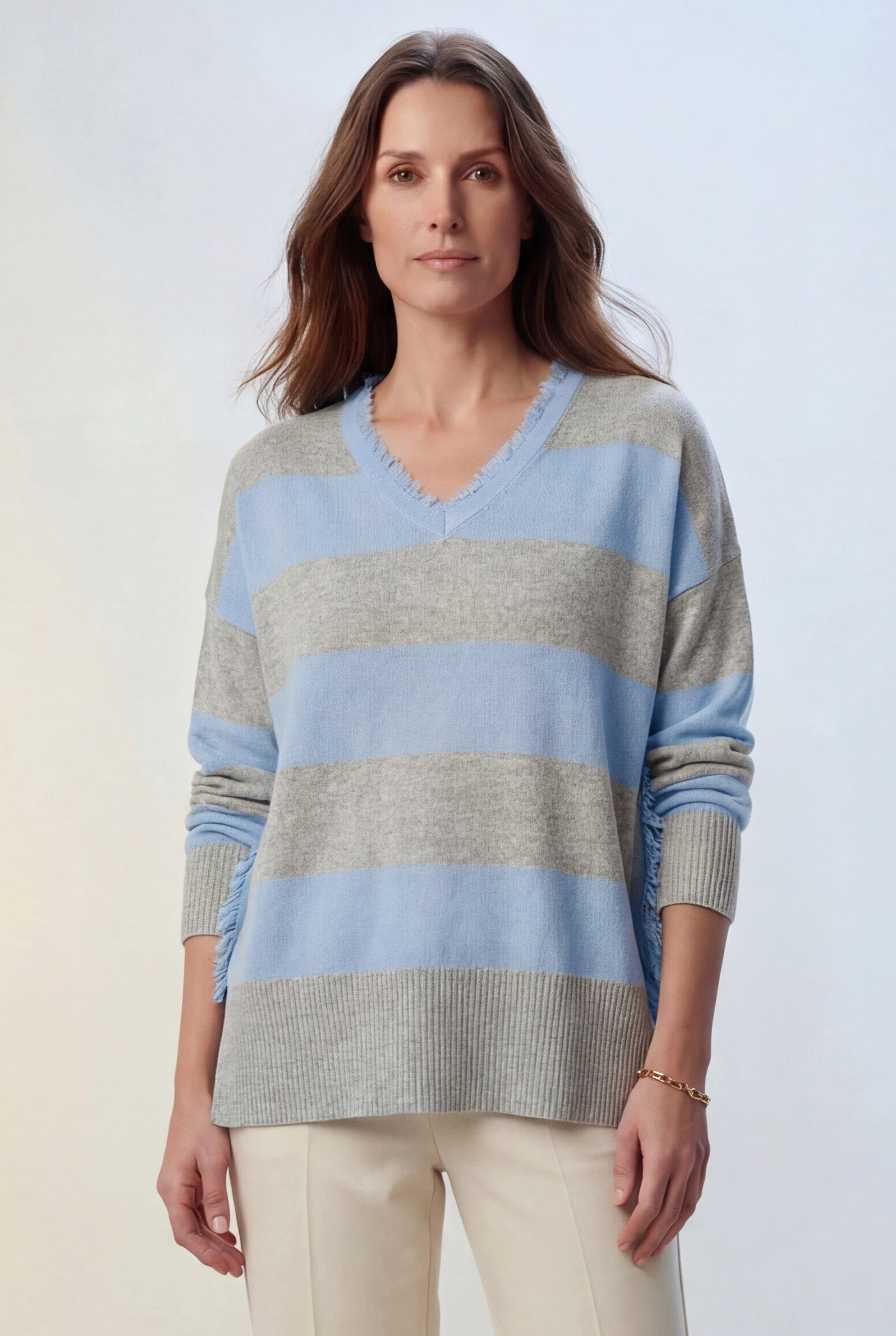 Zaubermond Strickpullover Boho Loose Pullover mit V-Ausschnitt, Blockstreifen & Fransen