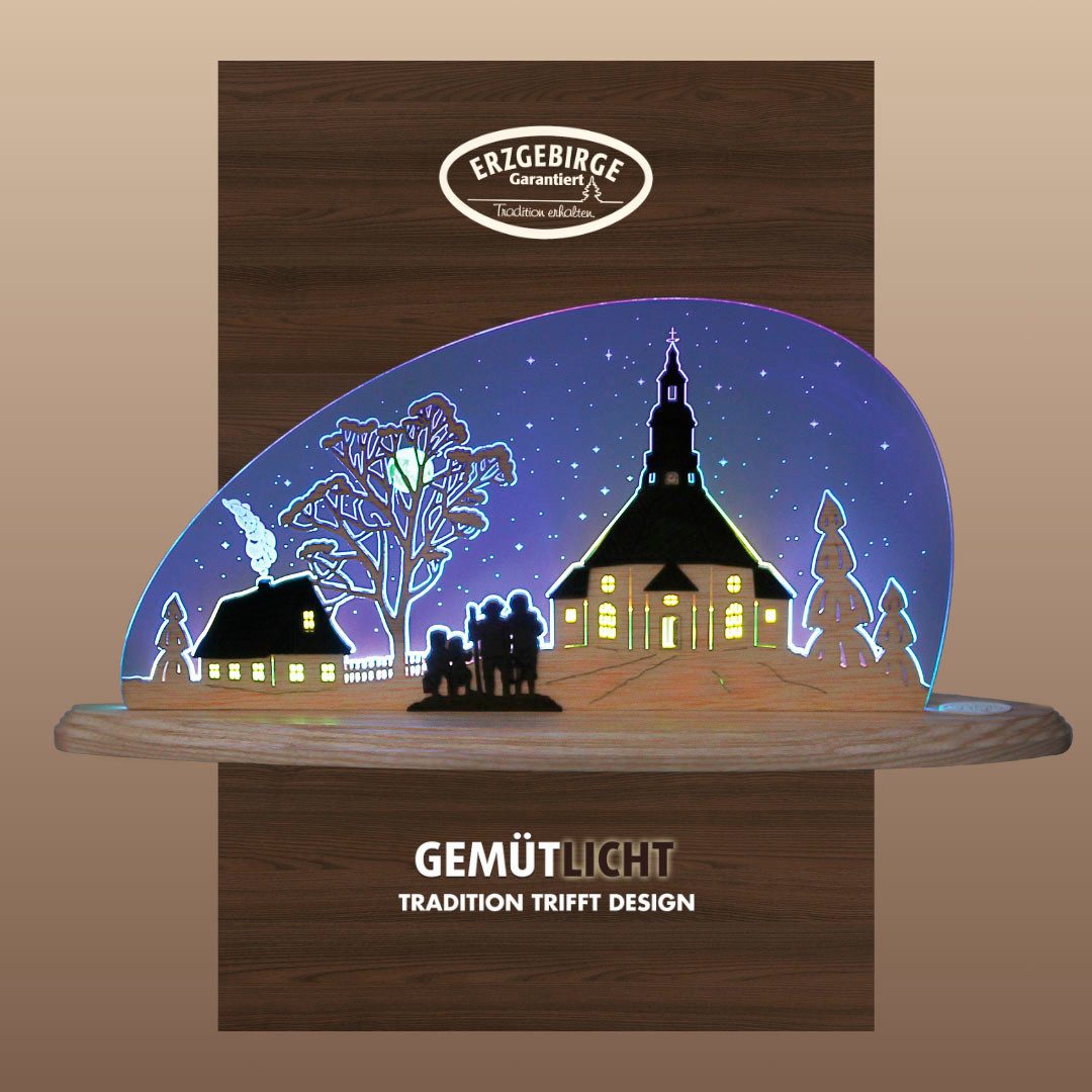 Weigla Lichterbogen LED Seiffener Kirche, Dekolampe aus Holz & Acrylglas, Made in Germany (1-tlg), Erzgebirge garantiert, Weihnachtsdeko Innen, Weihnachtsbeleuchtung
