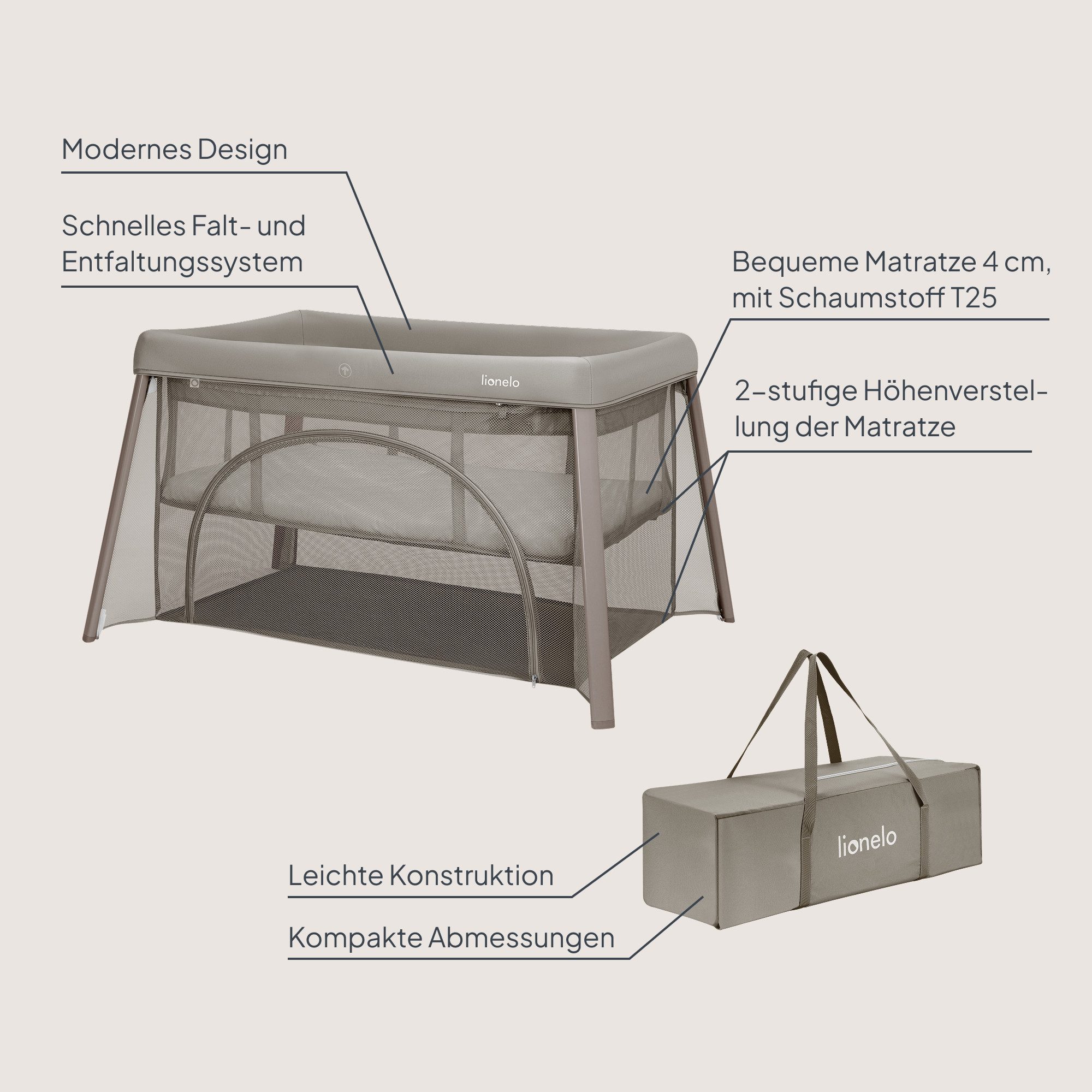 lionelo Baby-Reisebett MILA, 2in1/4-cm-Matratze/2 Höhen/360°-Netz/Tasche