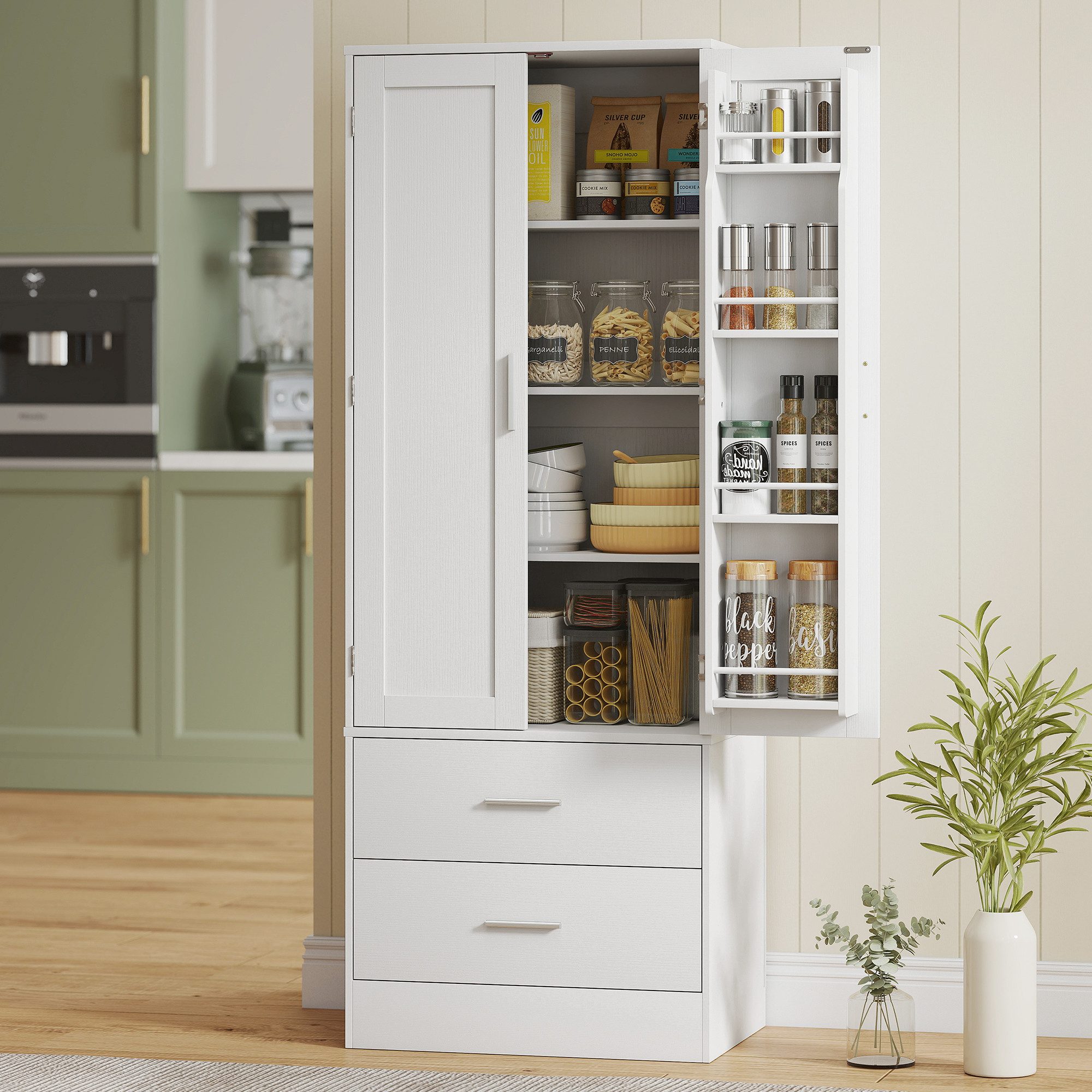 HOMCOM Küchenbuffet Küchenschrank mit 2 Türen und 8 Türregalen, Vorratsschrank (Hochschrank, 1-St., Buffetschrank) für Küche, Esszimmer, Weiß