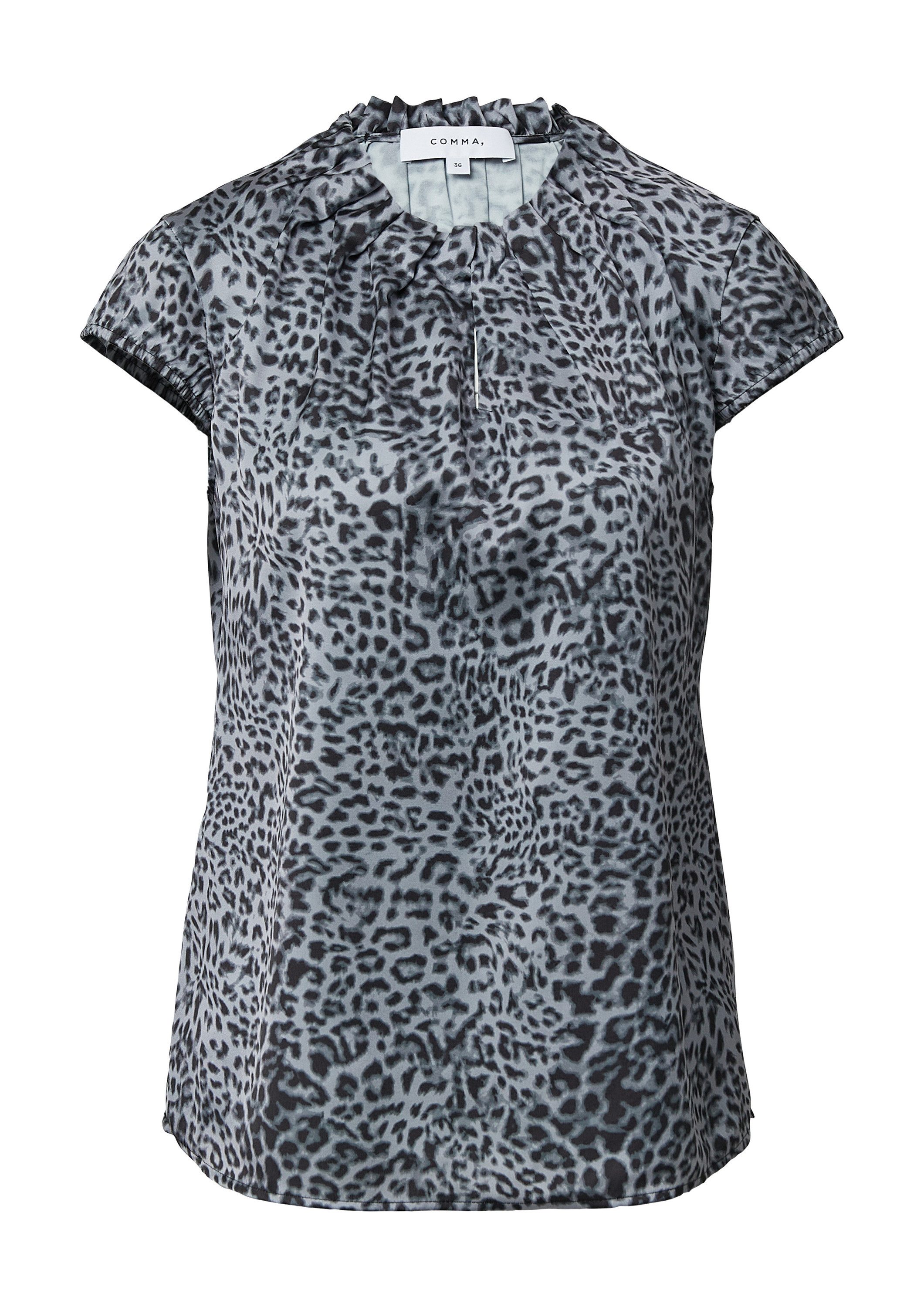 comma Kurzarmbluse Bluse Satinbluse mit Raffung und All-over-Print