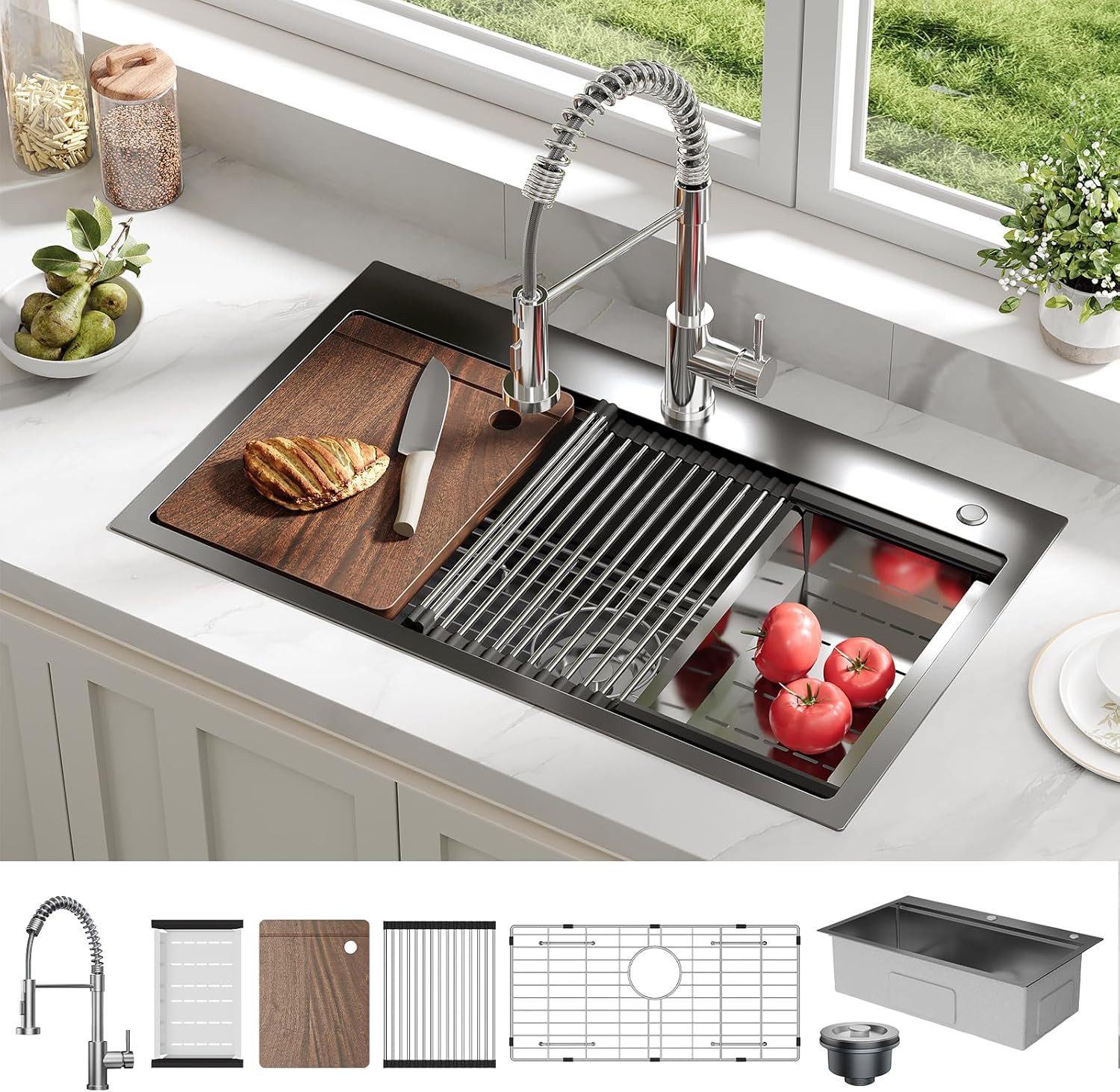 GarveeMore Edelstahlspüle Küchenspüle Drop In Edelstahl Küche Single Bowl Spülen
