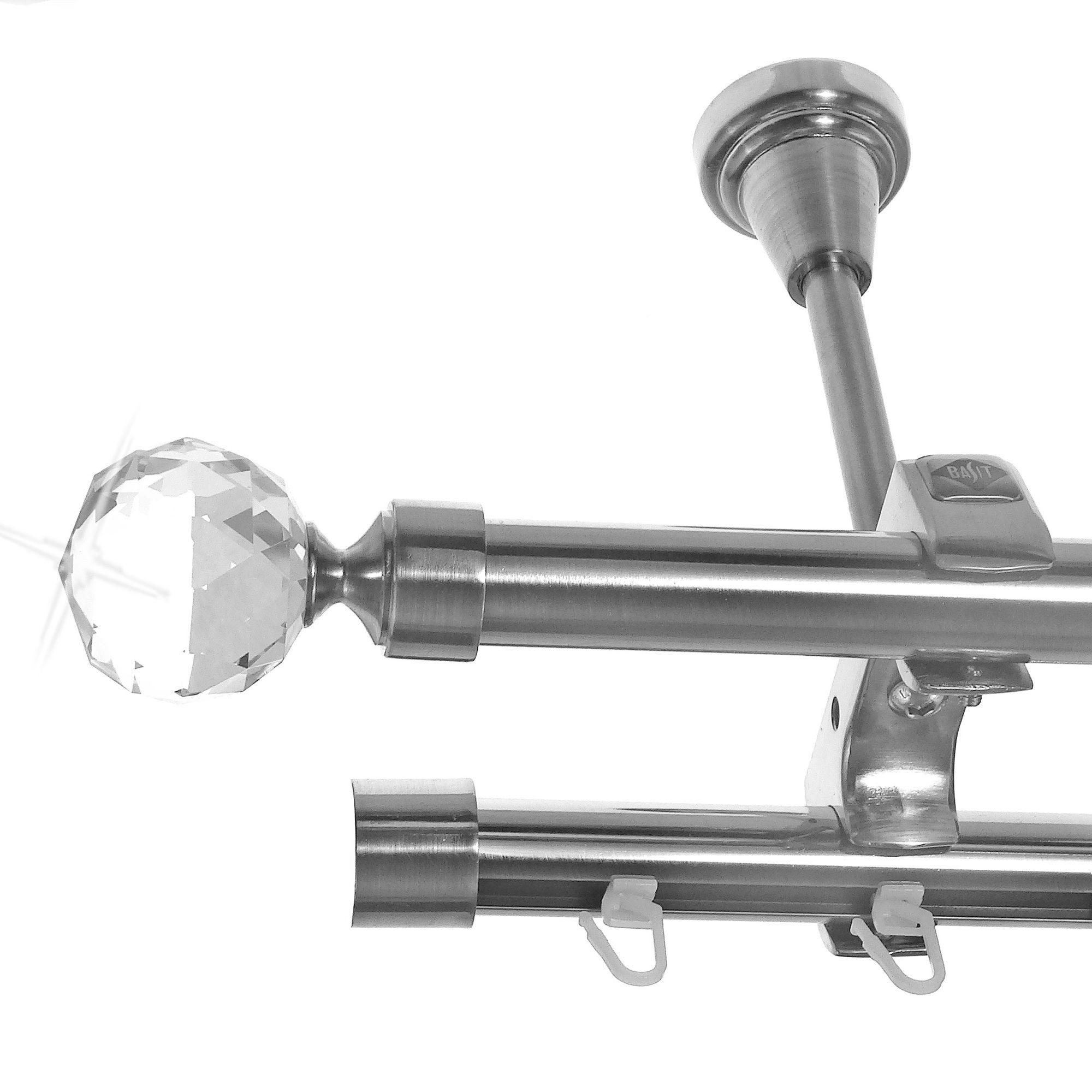 BASIT Gardinenstange Rohr und Innenlauf Edelstahloptik 20mm mit Deckenträgern 120 cm E87, Ø 20 mm, 2-läufig, verschraubt, Metall, D61RI 120 cm E87 Kristall Kugel