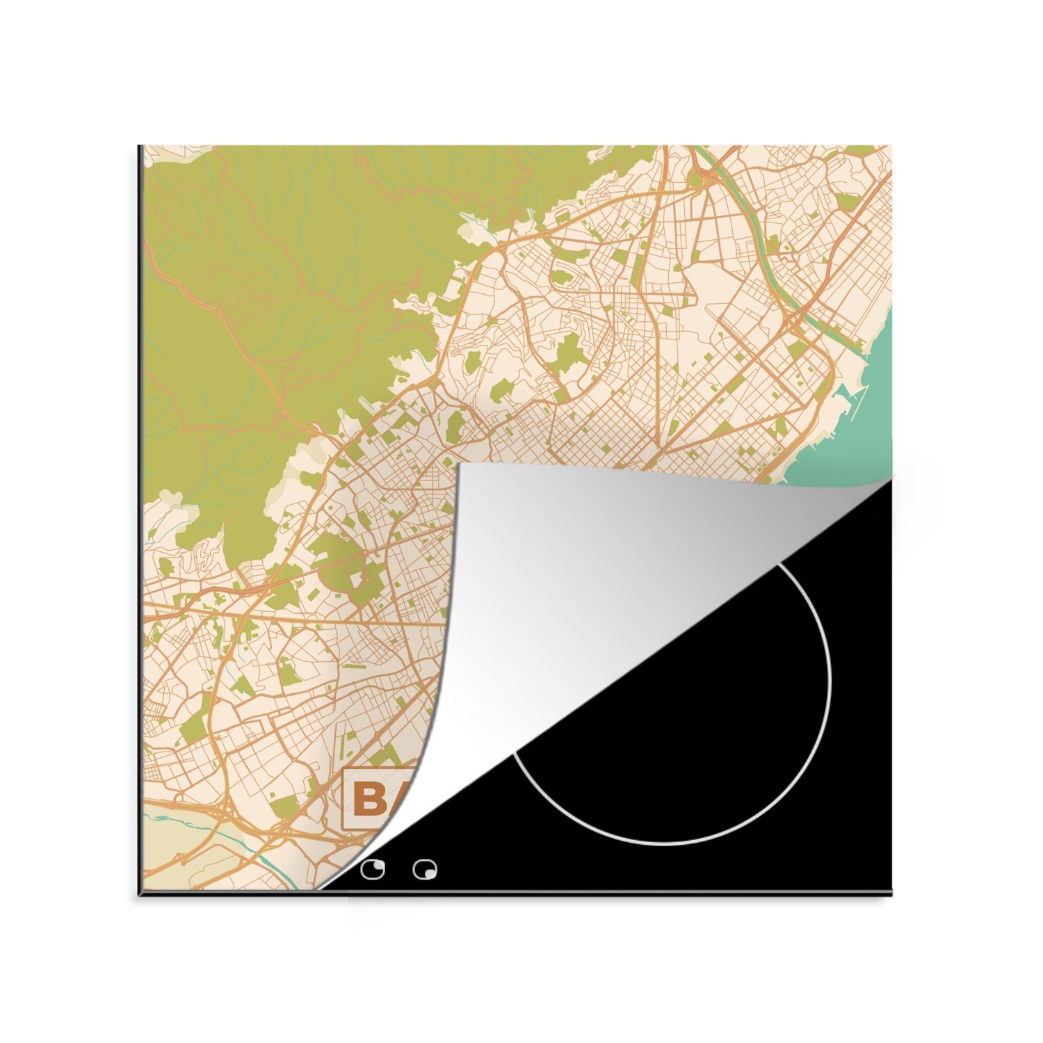 MuchoWow Herdblende-/Abdeckplatte Karte - Barcelona - Stadtplan - Vintage, Vinyl, (1 tlg), 78x78 cm, Ceranfeldabdeckung, Arbeitsplatte für küche | Herdabdeckplatten