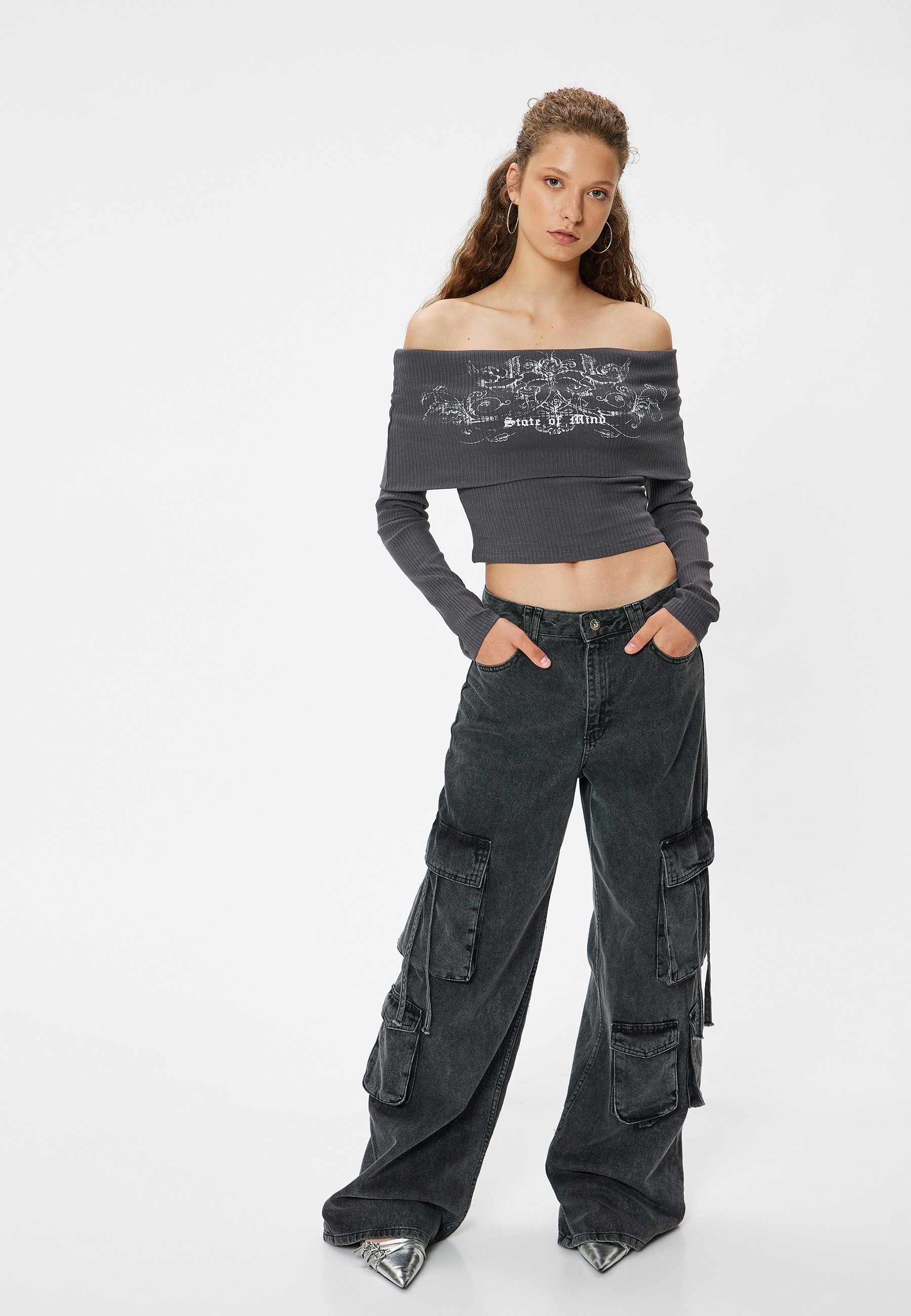 Koton T-Shirt Drop-Schulter Langärmelig