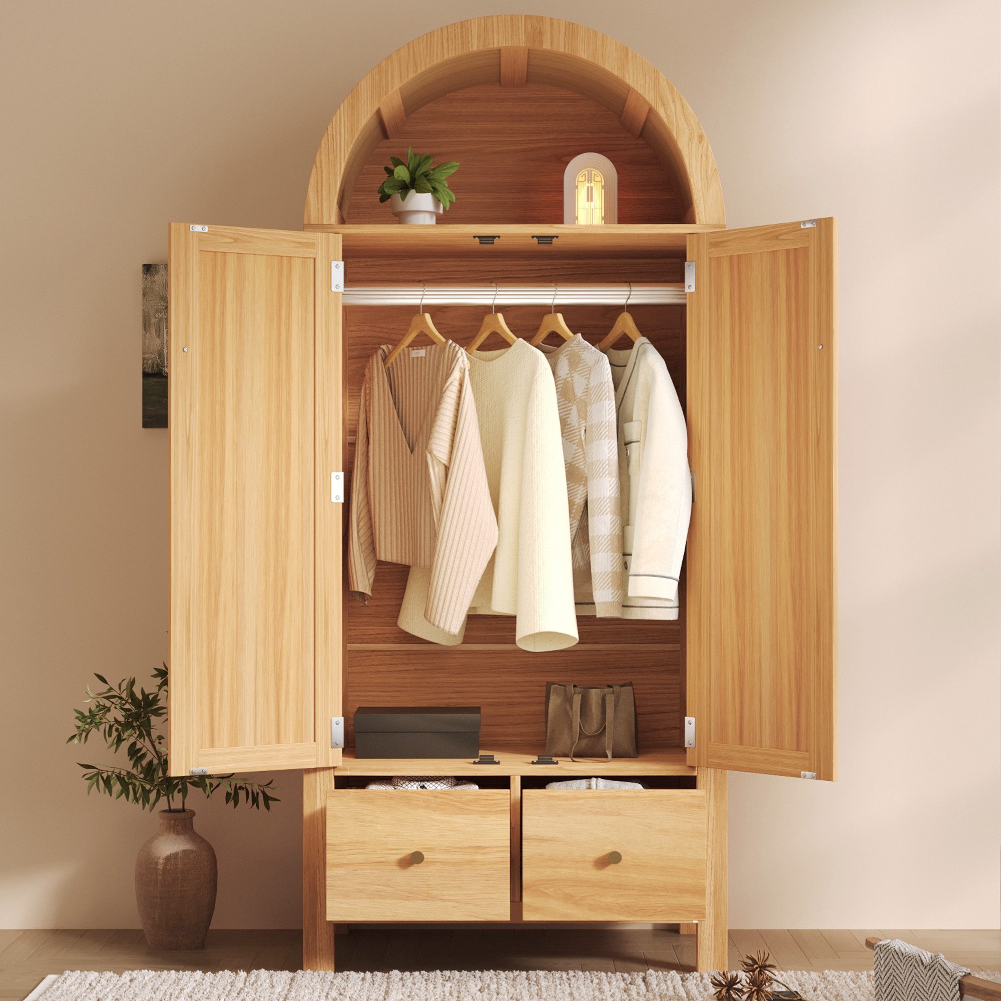 STILVORA Kleiderschrank mit offene Ablage Garderobenschrank mit Schubladen in Eicheoptik (Schlafzimmerschrank mit Bogenform & Rattanflechten, halbrunden Lagerbereich und geräumigen Kleideraufhängebereich) mit Kippsicherungen und Lochabdeckungsaufklebern