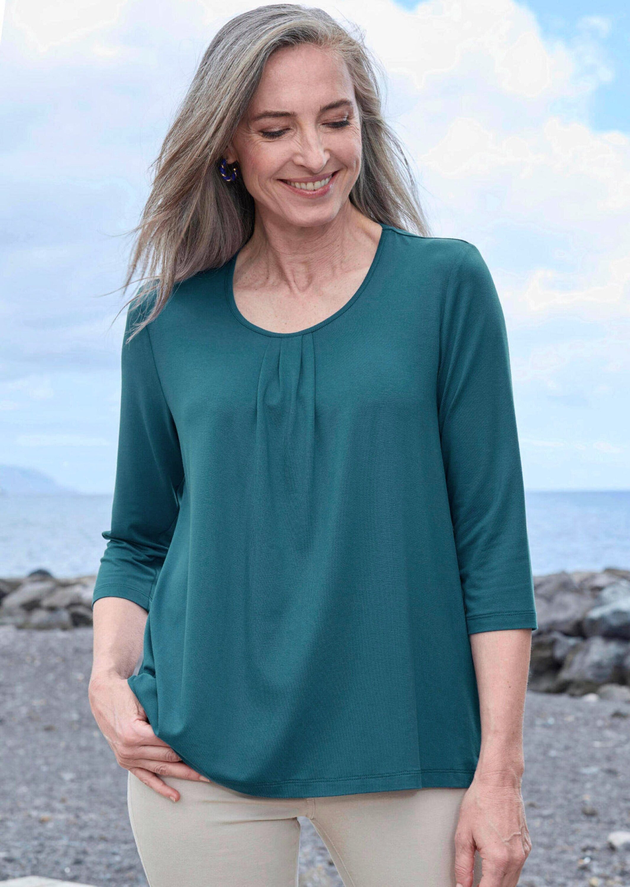 GOLDNER T-Shirt Kurzgröße: Viskose-Oberteil mit Halbarm Feminines Design mit Falten und Rundhalsausschnitt