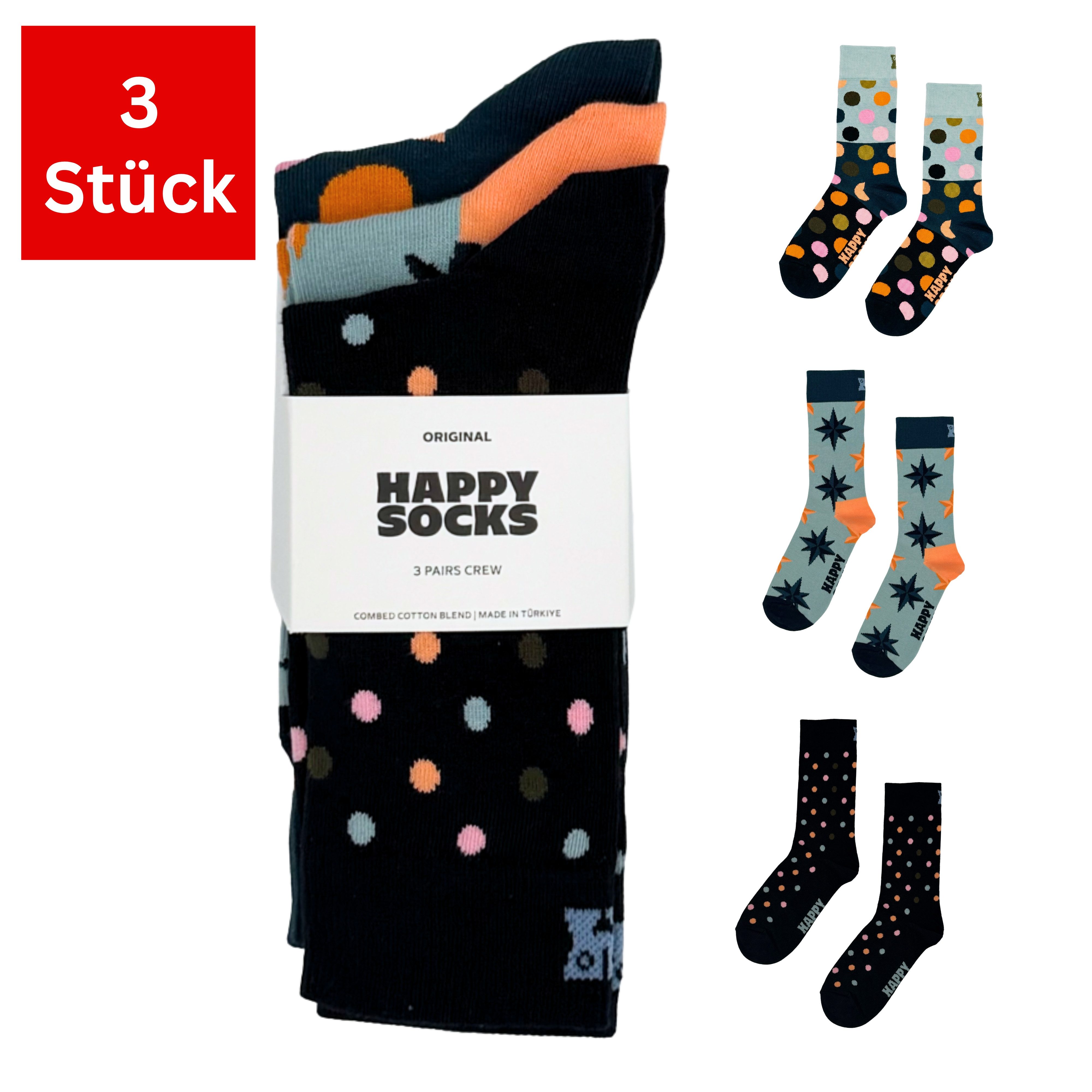 Happy Socks Freizeitsocken 3er Pack Baumwoll Socken mit Motiv Classic, Unisex