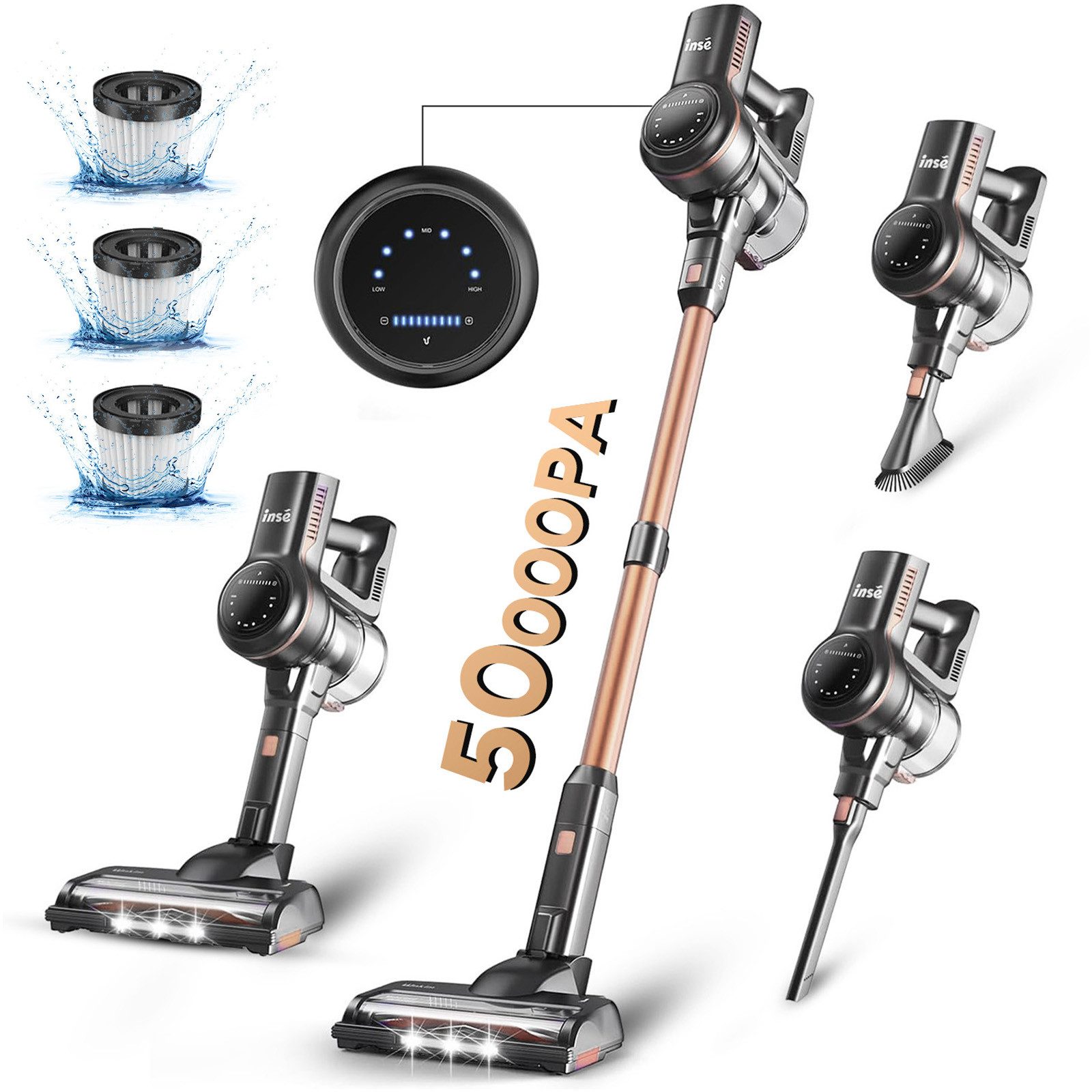 INSE Akku-Hand-und Stielstaubsauger 50000Pa,AkkuStaubsauger 60 Minuten, 1.2L,3 HEPA Filter Akkusauger, Akku Staubsauger, LED-Anzeige,3 Saugstufen,Handstaubsauger Kabelloser