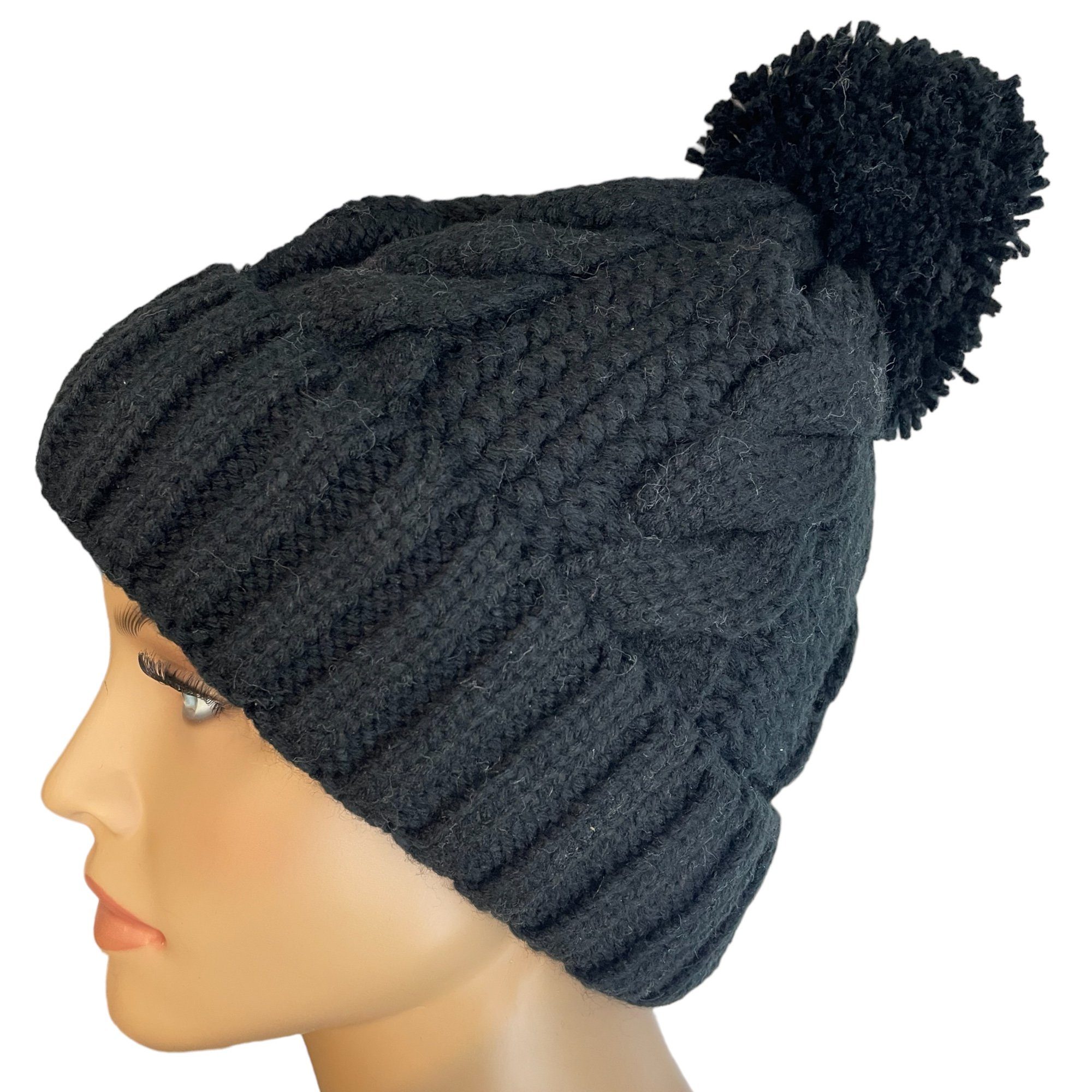 Taschen4life Bommelmütze Mädchen & Jungen Strickmütze Kira Mütze, Beanie mit Bommel, gestrickt Zopfmuster