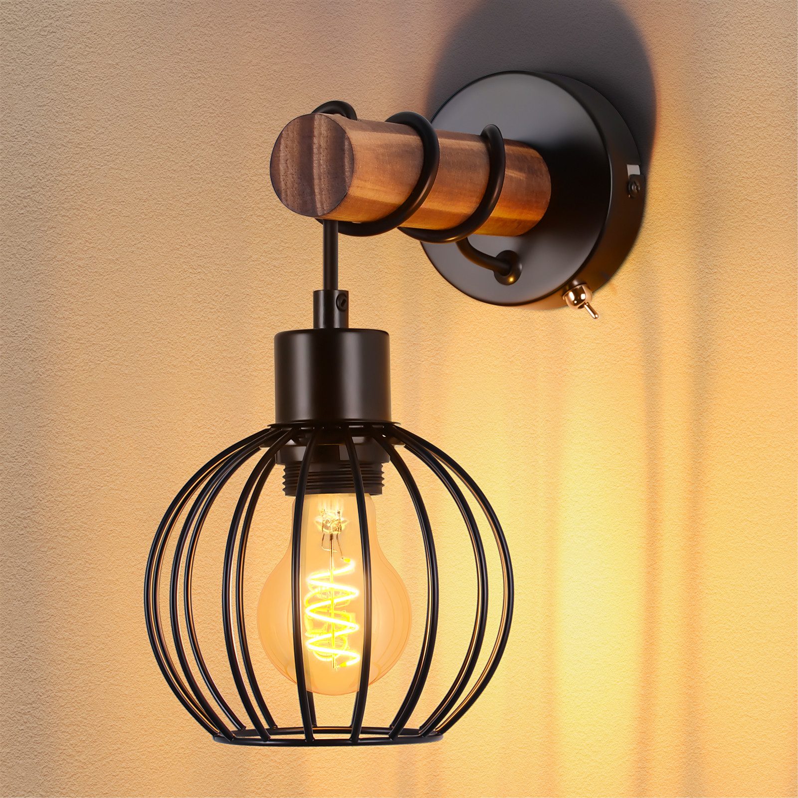 ZMH Wandleuchte Retro Wandleuchte Holz Innen Wandlampe Vintage mit Schalter günstig online kaufen