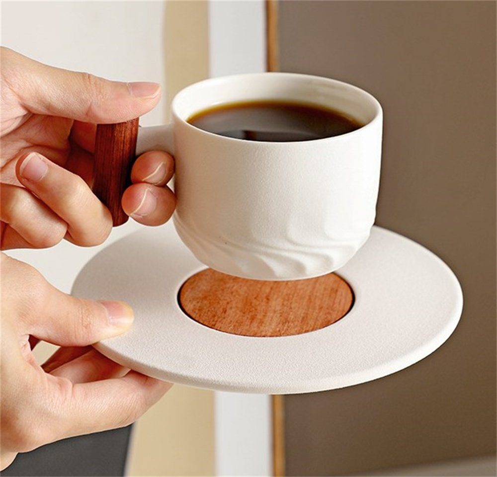 Dekorative Kaffeeservice Keramik Kaffeebecher Set, Holzgriff Cappuccino Unterteller, Tassen Blau mit (1-tlg)