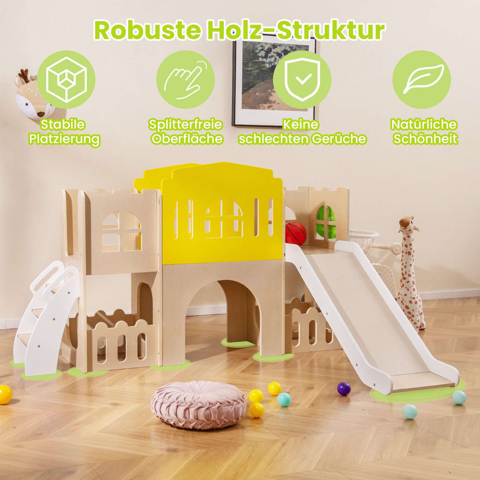 COSTWAY Rutsche mit Kletterleiter & Basketballkorb & Tunnel & Stauraum, (1-tlg), Kinderrutsche, Holz Spielplatz, Klettergerüst, Indoor – Bild 4 von 5