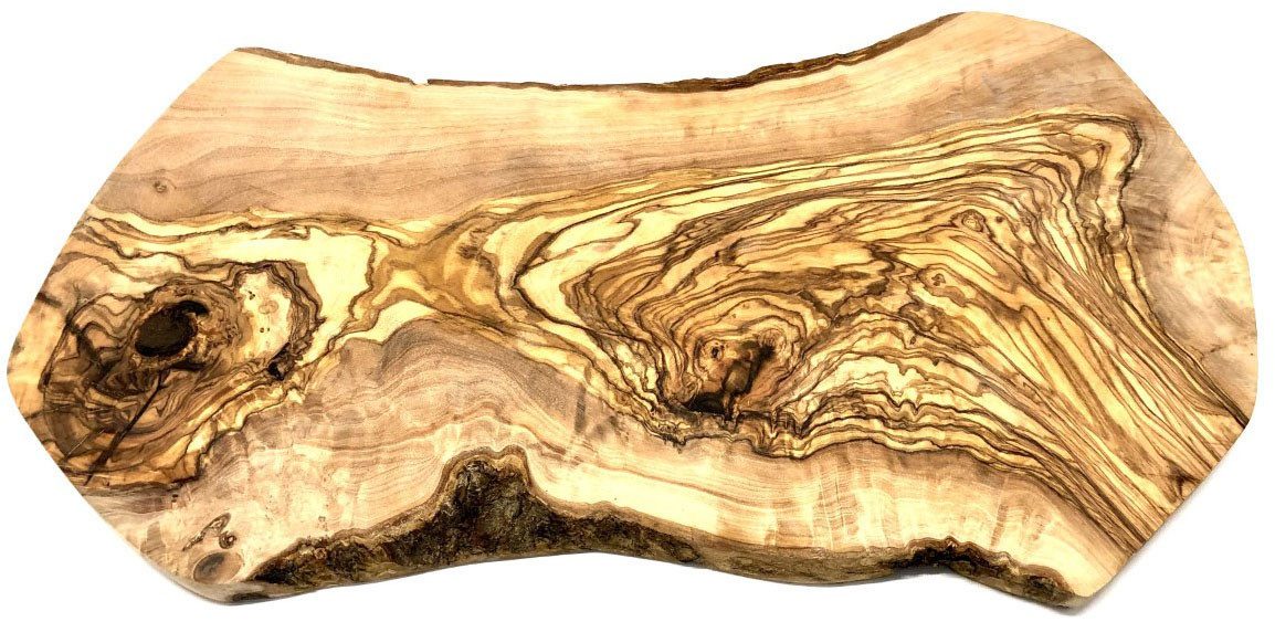 Olivenholz-erleben Schneidebrett Naturschnitt aus hochwertigem naturbelassenem Olivenholz, Massivholz, (1-St), Einzigartige Maserung, rustikale Kante, organische Form, L ca. 50 cm