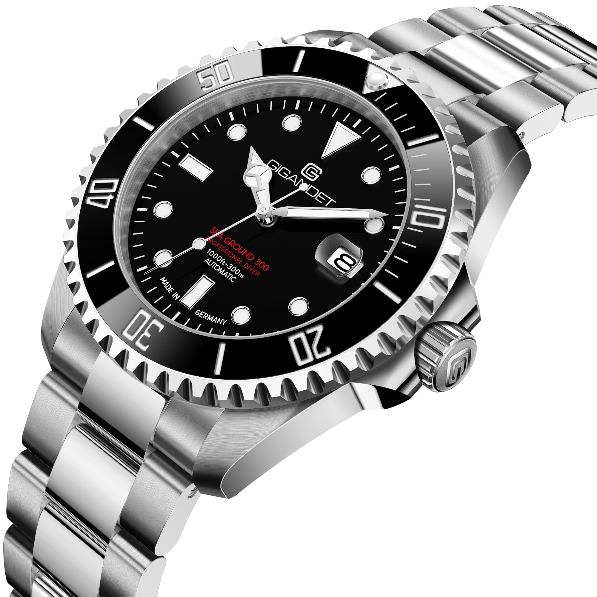 Gigandet Automatikuhr Made in Germany, Herrenuhr, Saphirglas, SEA GROUND 300 CERAMIC DATE G300-013M-C, Taucheruhr, Keramiklünette, Swiss SuperLuminova, Armbanduhr, Schwarz