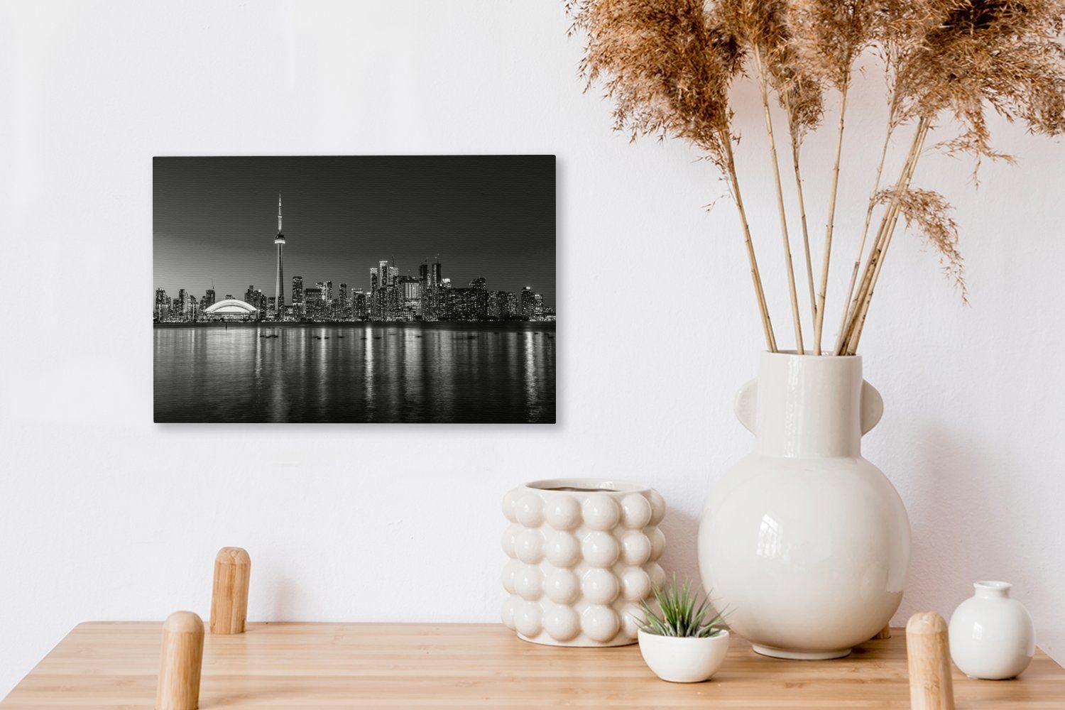 OneMillionCanvasses® Leinwandbild Skyline von 30x20 Aufhängefertig, und St), (1 Wanddeko, mit Leinwandbilder, der cm weiß, Reflexion schwarz in Nacht Wandbild Toronto 